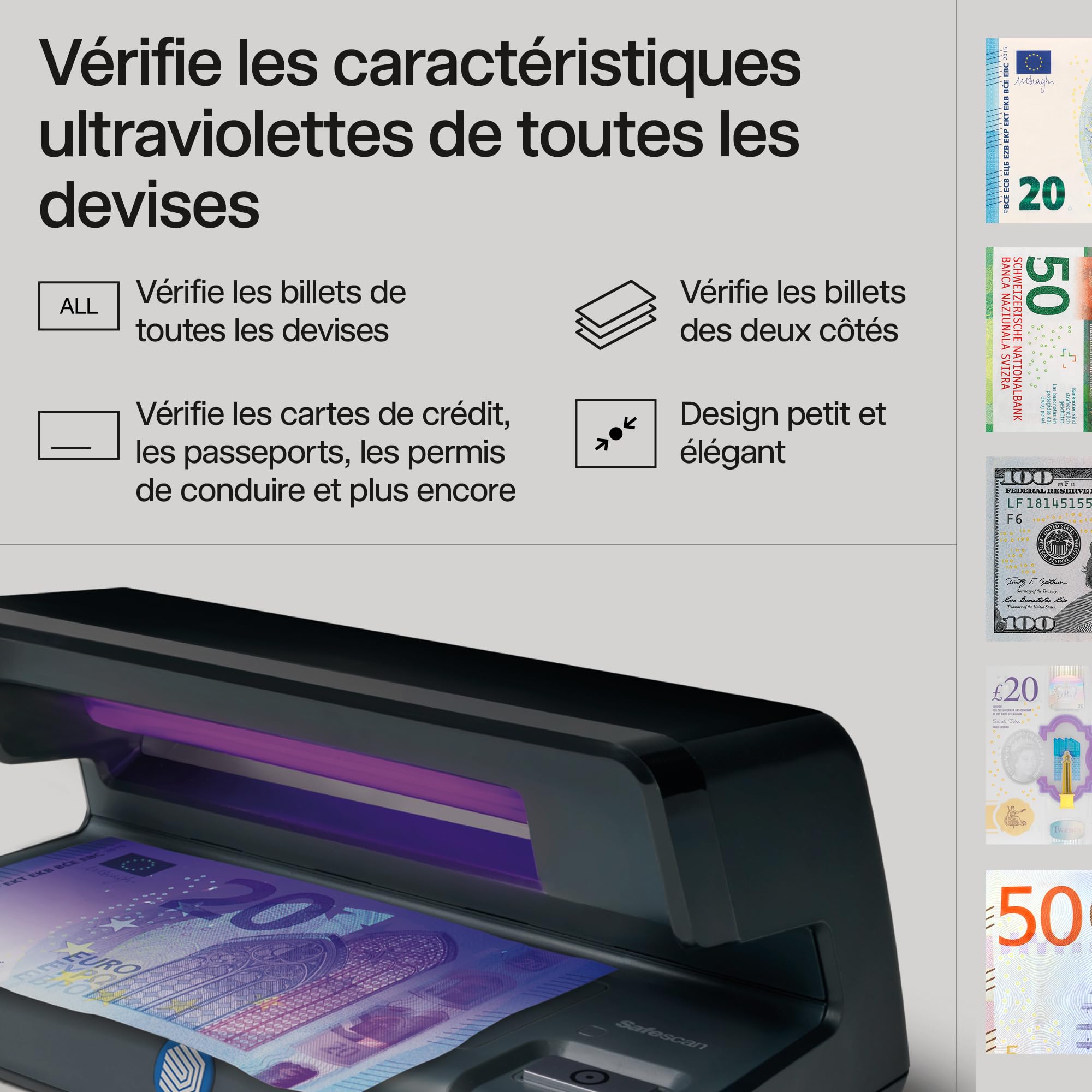 Safescan 50 Noir - Détecteur de faux billets UV pour la vérification des billets de banque, des cartes de crédit et cartes d'identité, 131-0397