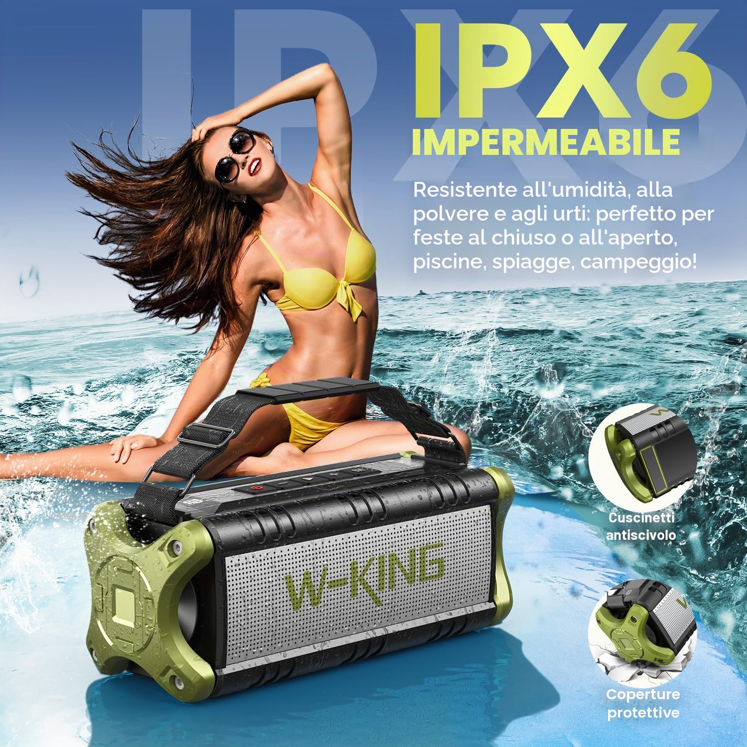 W-KING 90W PICCO Cassa Bluetooth Potente, Portatile Altoparlante Bluetooth Boombox, IPX6 Impermeabile Speaker, 50W Bassi Ricchi, HiFi Stereo Audio, 40 Ore,Powerbank,EQ,NFC,TF,AUX Campeggio Spiaggia