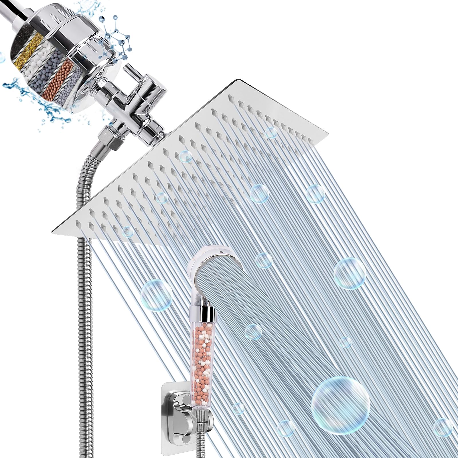 HarJue Filter Shower Head, High Pressure ShowerHead with Filter Combo for Hard Water, Remove Chlorine Fluoride and Harmful Substances- 1 Replaceable Filter Cartridge?10 Inch, Chrome?