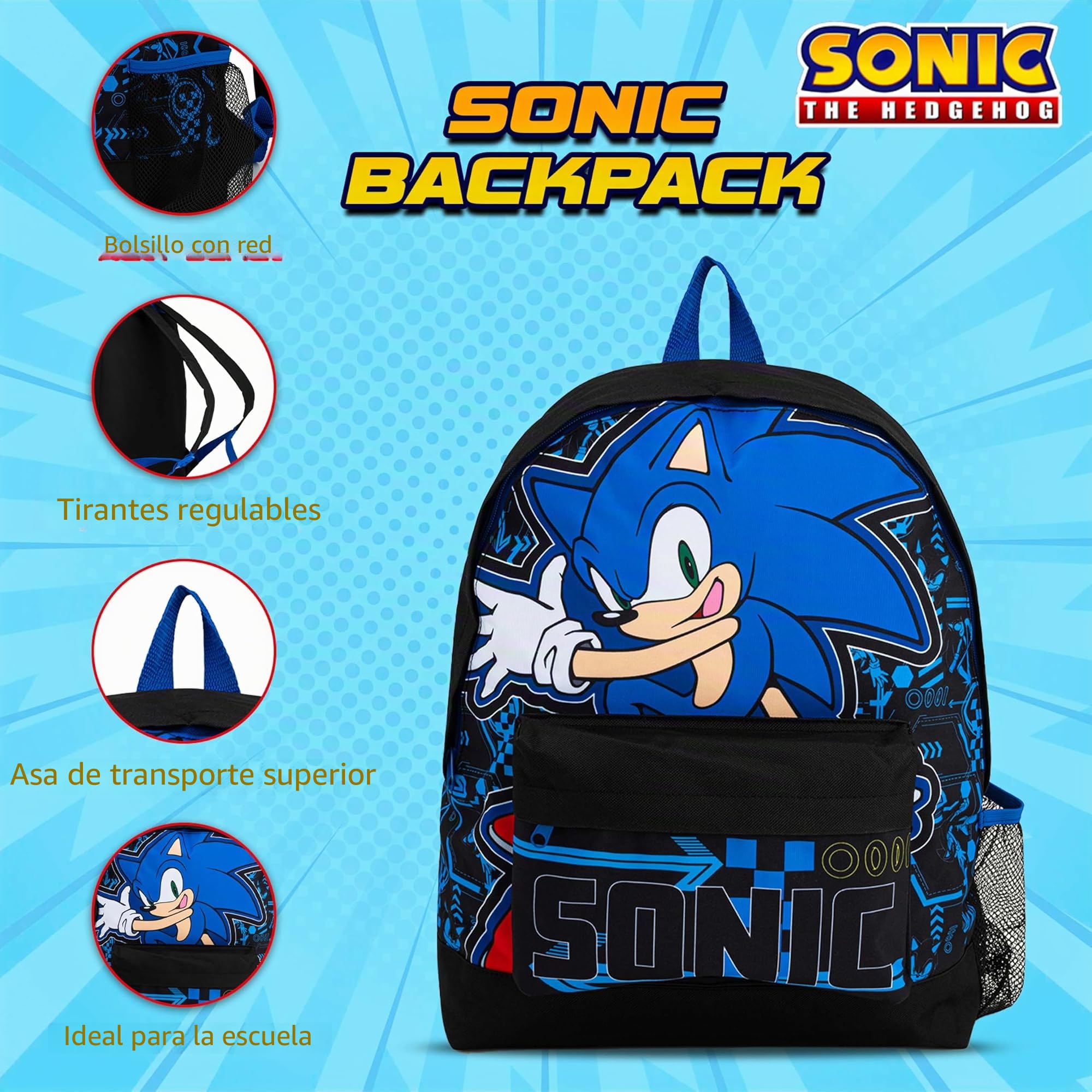 Mochila escolar Sonic The Hedgehog con bolsa de almuerzo, estuche y botella de agua, para niños con correas acolchadas ajustables
