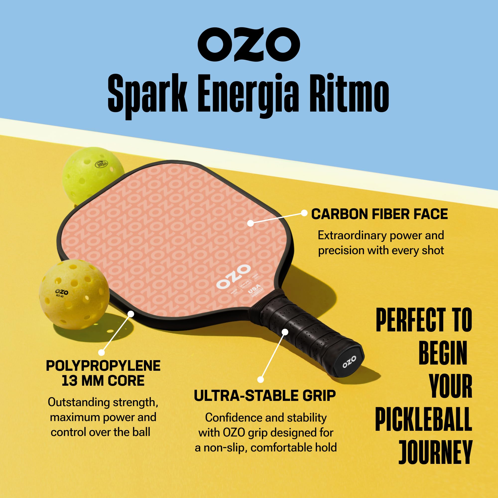 OZO Pickleball - Spark Energia Ritmo - USAPA Approved Beginner Power Paddle - Carbon Fiber Face (Pink)