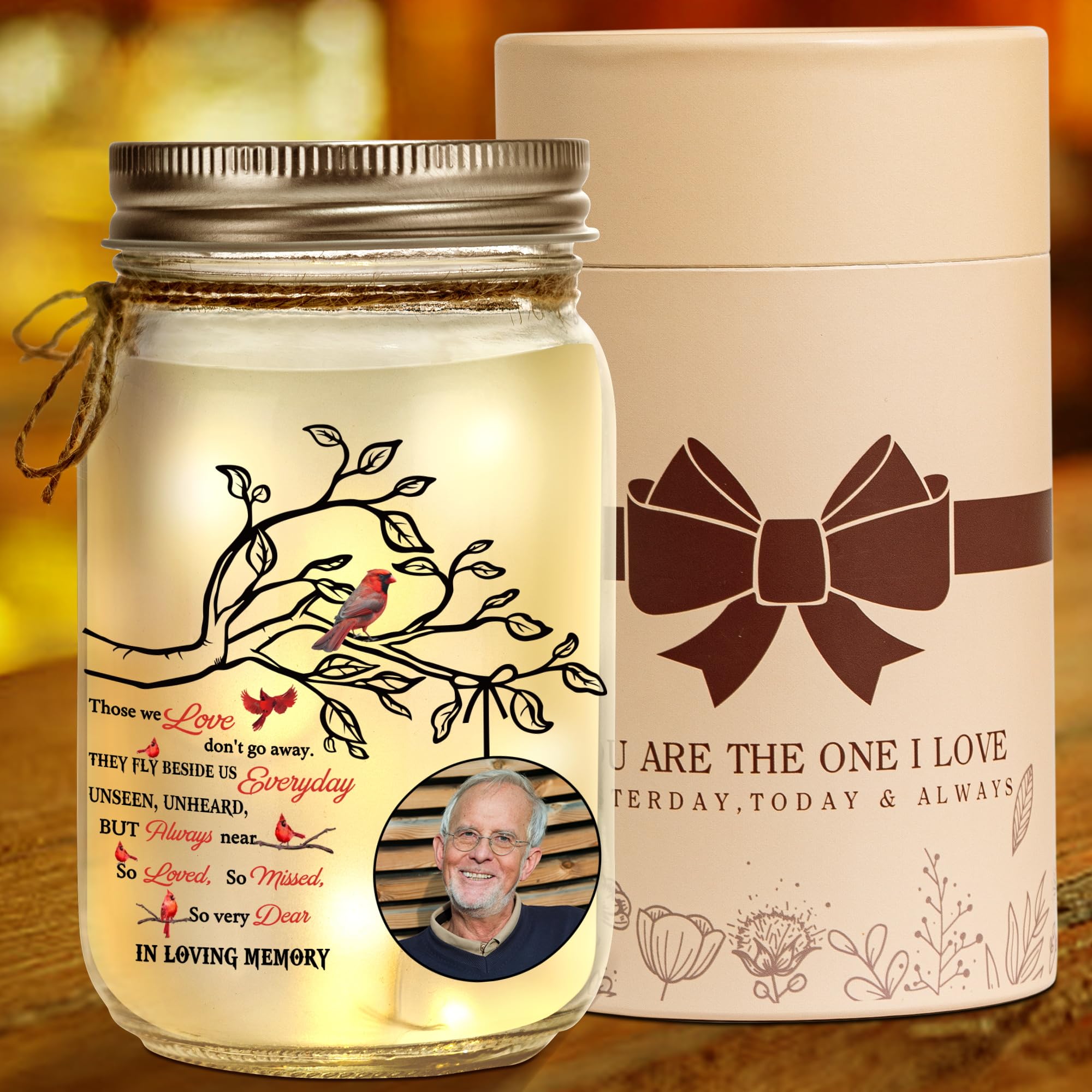 Kenon Memorial Style 02 Custom Memorial Photo Mason Jar Night Light, In Loving Memory, 16Oz Mason Jar Lights Home Decor, Remembrance Gift For Family Members Mom Dad Grandma Grandpa