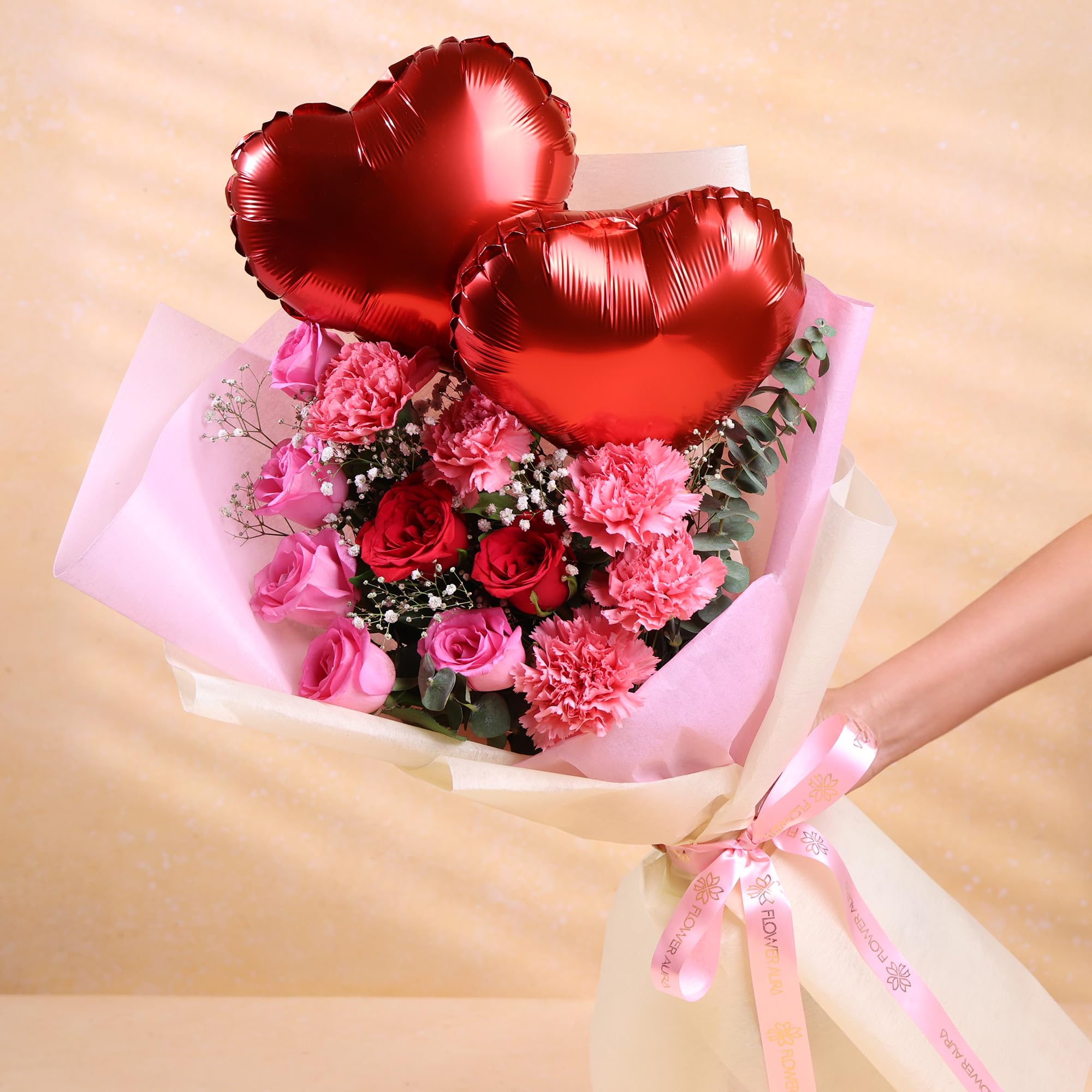 FlowerAura Premium Fresh Live Flower Bouquet of 6 Roses, 5 Carnations & 2 BalloonsIn Designer Paper Gift For Birthday | Anniversary | Love | Home Decor | Mothers Day Gift For Mom (Same Day Delivery)-image-24