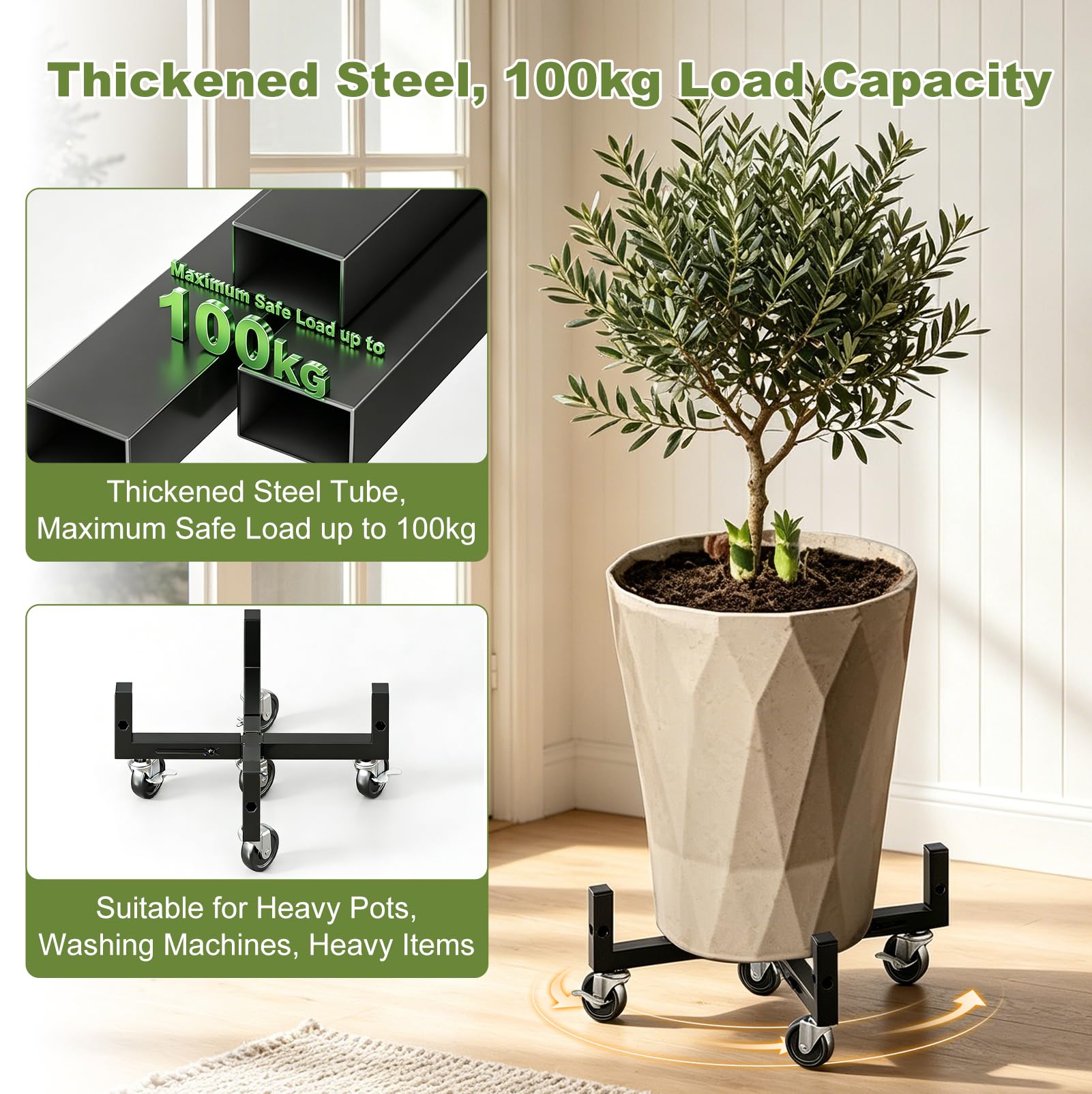 Chariot à Plantes à roulettes Réglable, Support Pot Fleur Roulant 100 kg