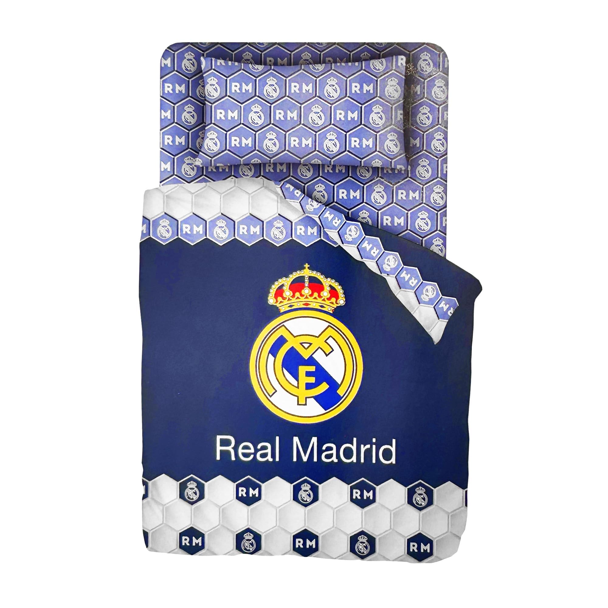 JYC CREATIVE Juego de Sábanas R. Madrid Equipo de Fútbol, Equipación Oficial Fútbol Madrid, Sábana del ATMadrid, Bajera, Encimera y Funda de Almohada (Juego de Cama, 135 cm)