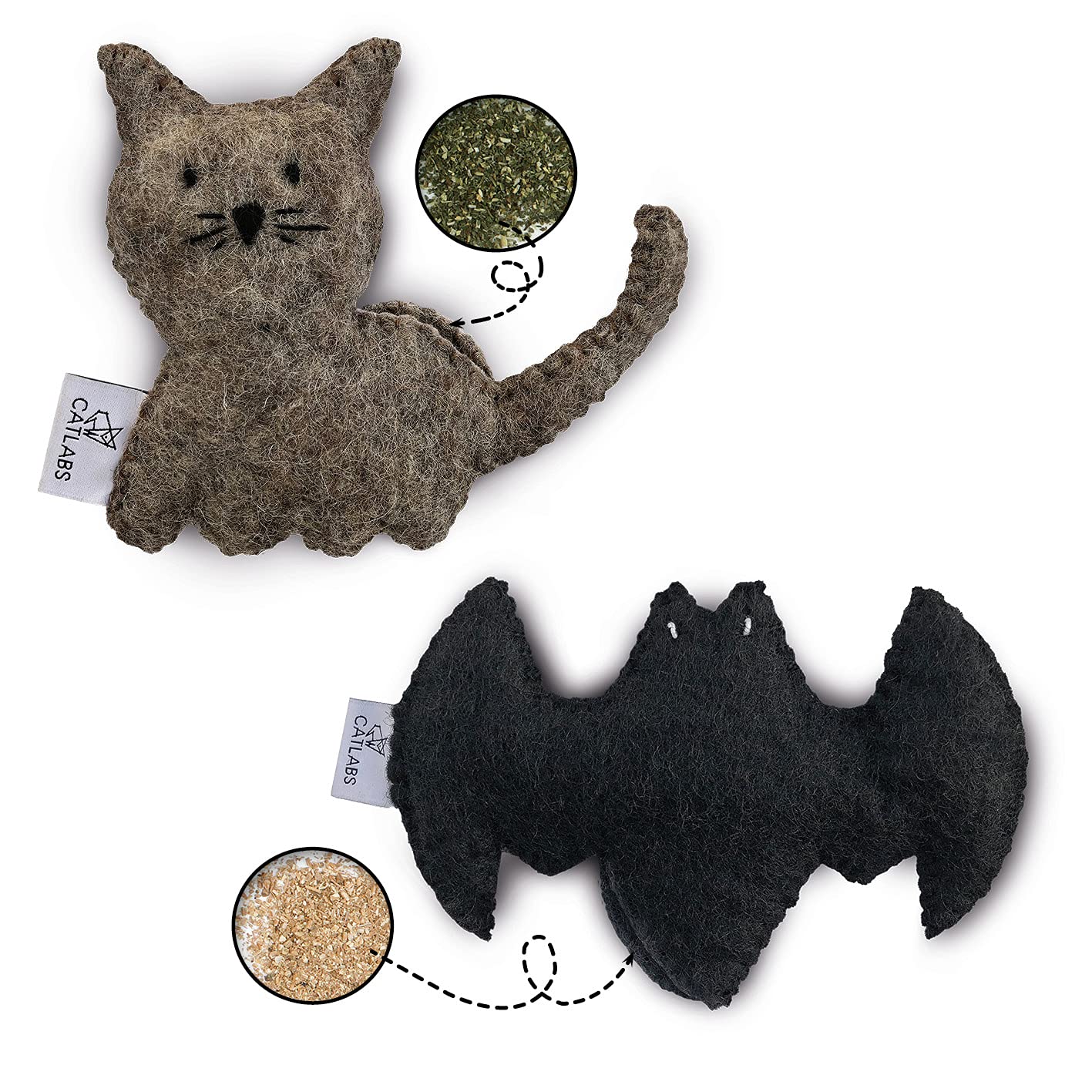 CATLABSCatnip Toy Set of 2 'Cuddly Cat Cushion' and 'Fluffy Bat' with Catnip & Valerian - Natural Sheep's Wool without Polyester - Refillable