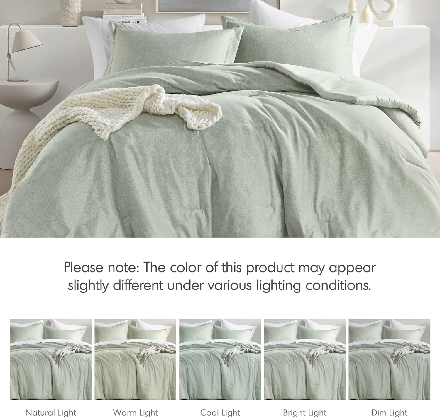 King Size Comforter Set, Lightweight Sage Green Soft Bedding for All Seasons, 3 Pieces Chambray Print Solid Farmhouse Bed Set, Comforter & Shams - Image 7