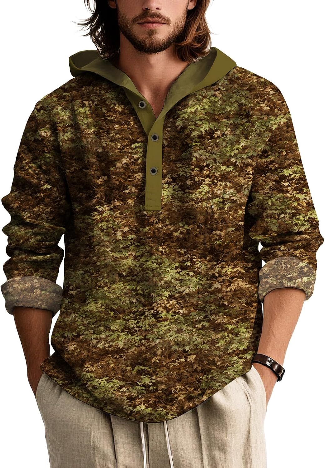 BIVENANT Men Camo Hoodies 1/4 Button Shirts Graphic Long Sleeve Gradient Pullover Tops Sweatshirt Hooded Hunting Clothes