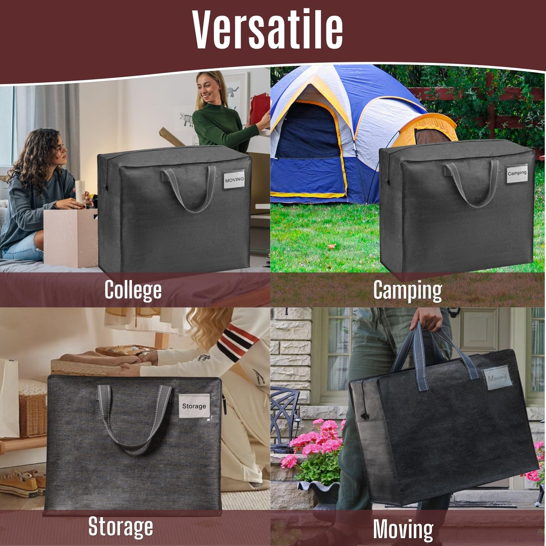VENO 50 L Sac de Rangement Pliable, Sac Demenagement avec Étiquette Transparente, Rangement pour Vetements, Couette, Literie, Rangement Sous Lit et Voyages(S Noir, Lot de 4)