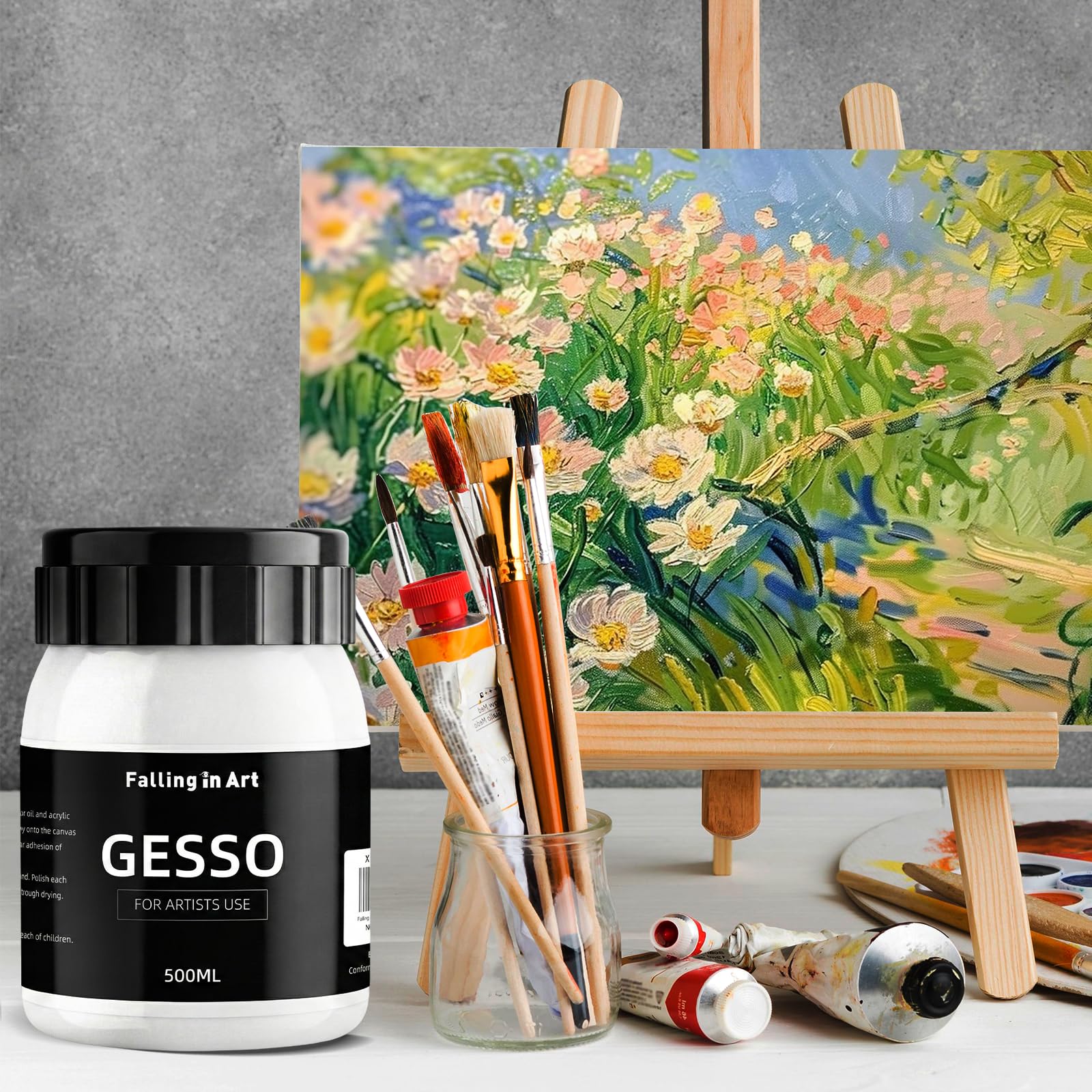 Falling in Art Weiße Gesso-Grundierung für Acrylmalerei, Acryl-Gesso-Grundierung für Ölfarben, 479.1 g, ungiftige Leinwandgrundierung, Gesso Surface Prep Medium