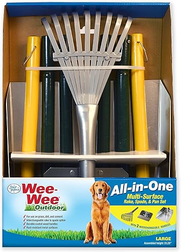 Miniatura 5 de Four Paws Juego de 3 piezas de rastrillo de acero inoxidable de mango largo para excrementos de perro, pala y sartén, herramienta de recolección de