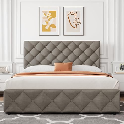 Miniatura 6 de IDEALHOUSE Base de cama tamaño Queen con 4 cajones de almacenamiento y cabecera ajustable, cama de plataforma tapizada de lino, botón cosido de