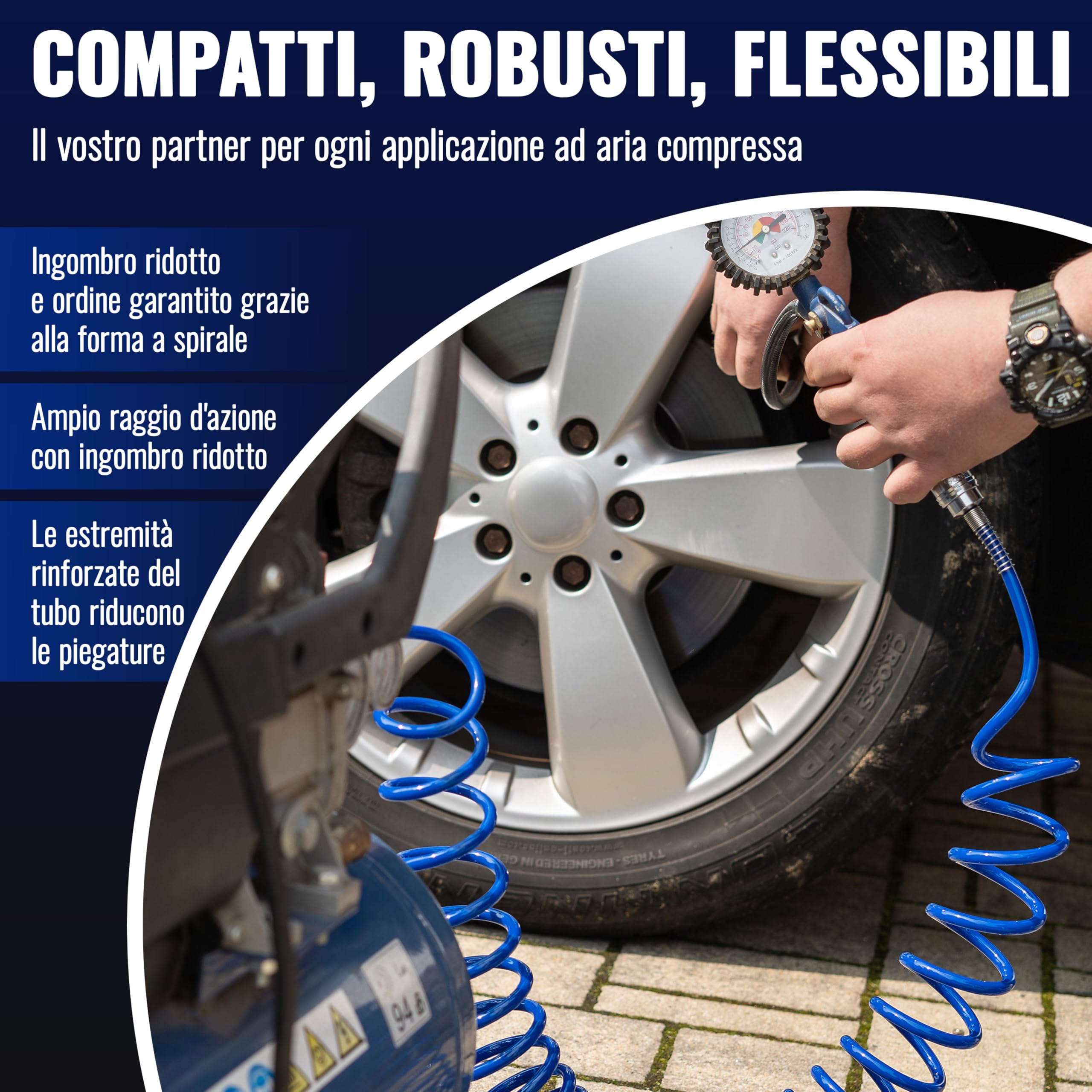 Poppstar Tubo flessibile per aria compressa a spirale 5m in PU (diametro 5 mm x 8 mm) Tubo a spirale per aria compressa con protezione anti-piegatura e raccordo rapido NW 7.2