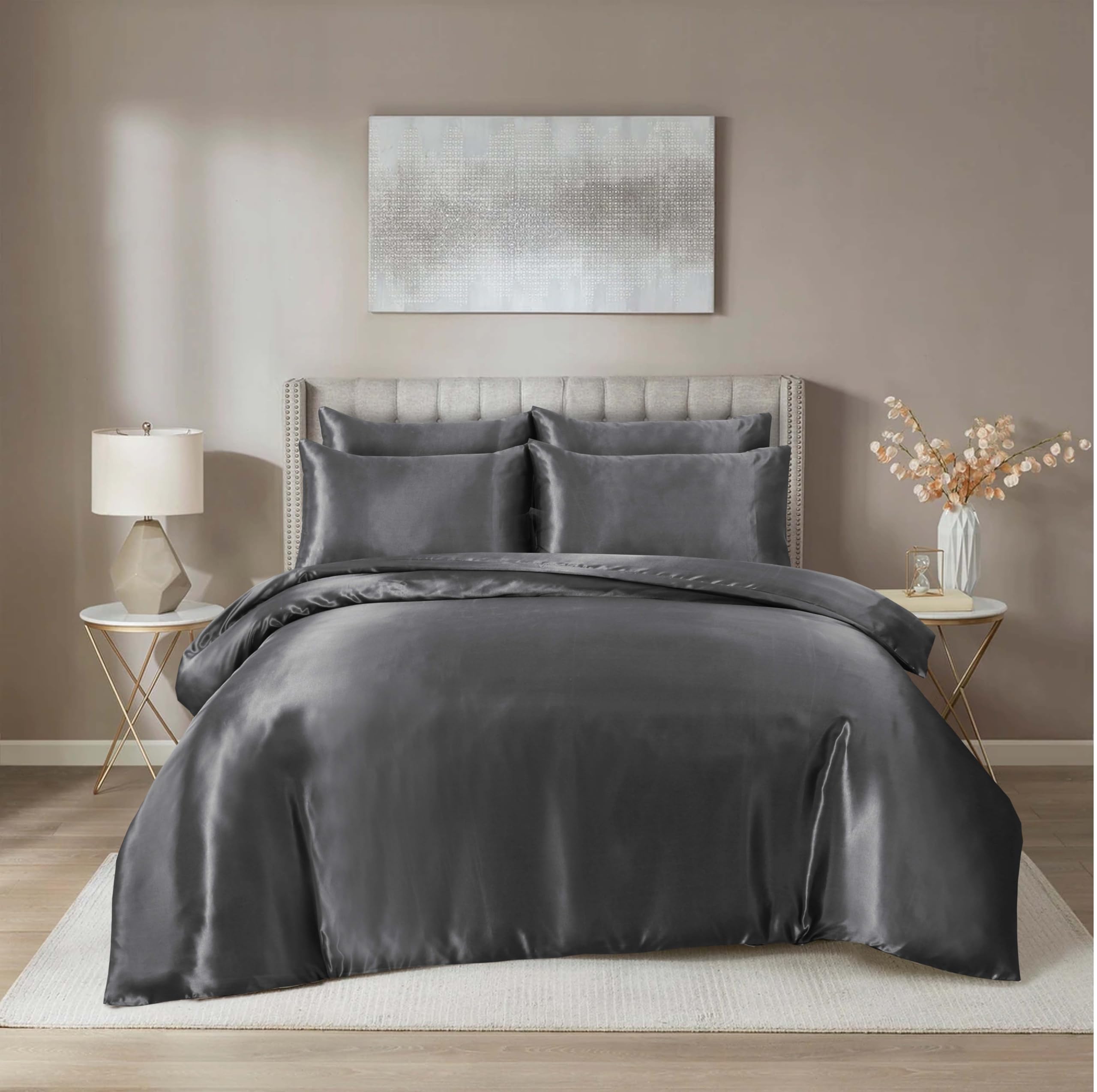 Hadi London Satin Silk 6 Piece Complete Bedding Set including Silky Deep Fitted Sheet Reversible Duvet Cover Comforter & 4 Pillowcases for Single Double King Super King Size Bed (Silver