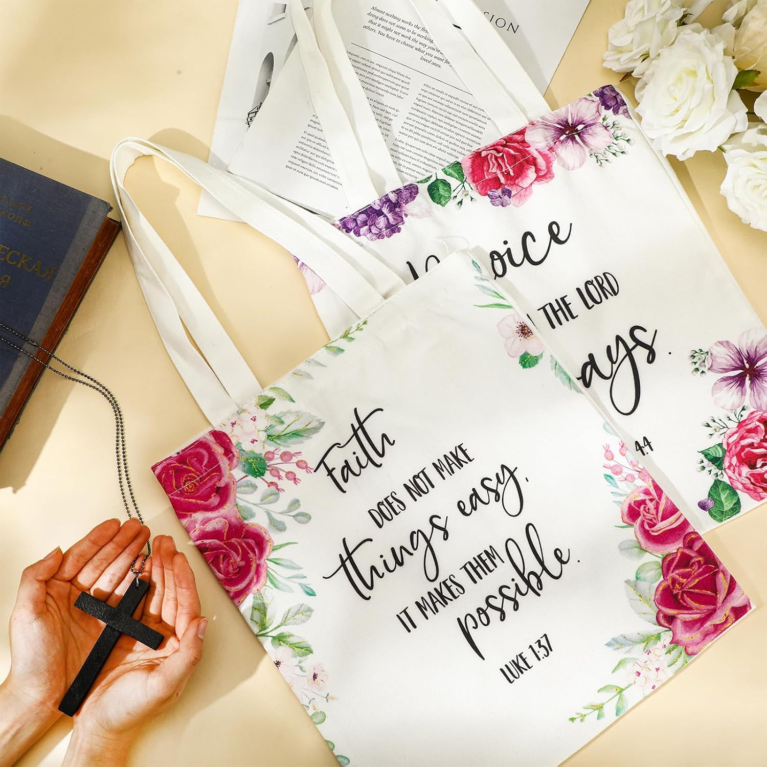 12 Pcs Christian Gift Bible Tote Bags for Women Religious Bulk Floral Christian Canvas Tote Religious Reusable Bags Bible Verse Book for Christmas Gift - Image 3