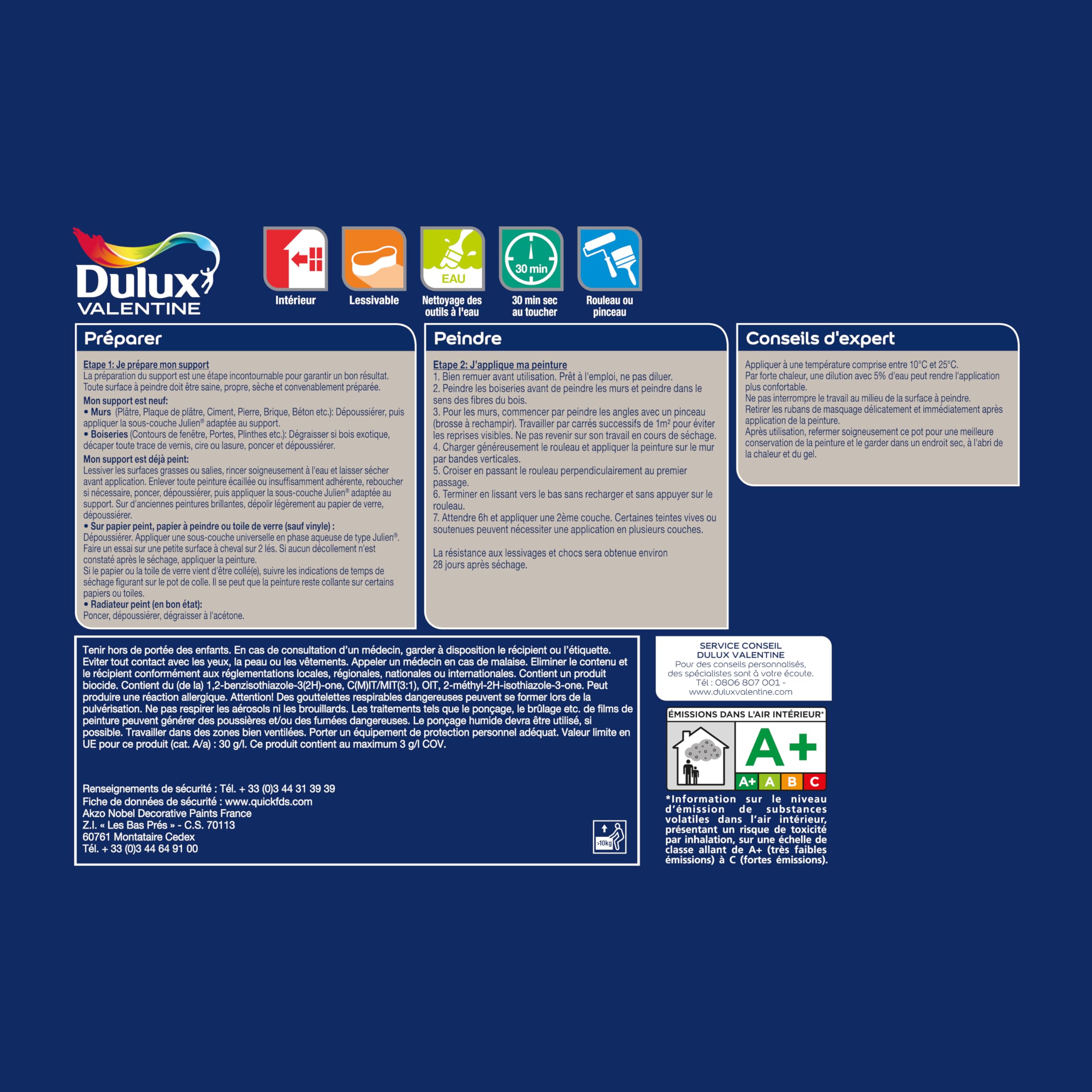 Dulux Valentine Crème de Couleur - Peinture multi-supports intérieure - Satin Bleu Rêveur 10 L