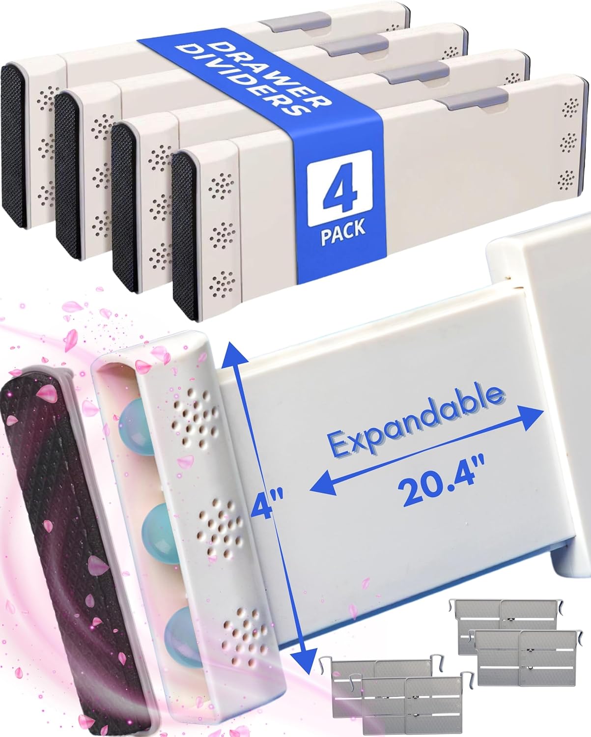 Adjustable 4-Pack Drawer Dividers with Scent Slots & Hooks Adjustable 4-Pack Drawer Dividers with Scent Slots & Hooks