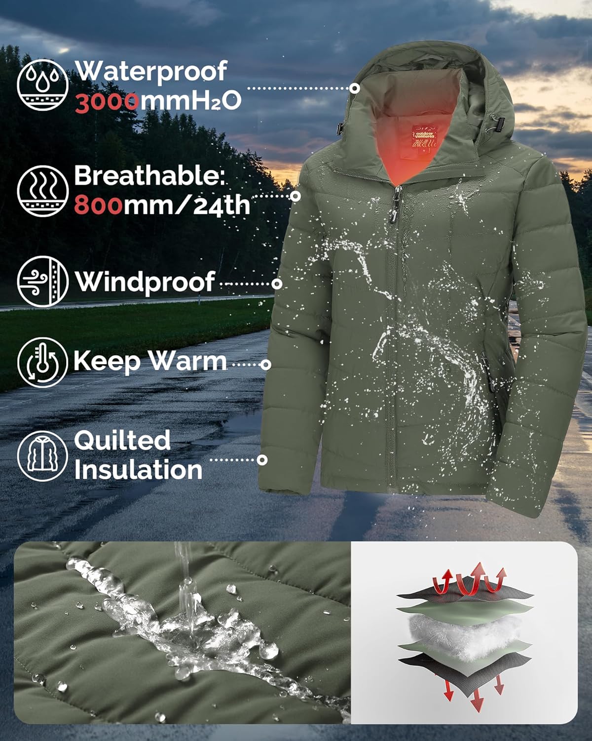 Outdoor Ventures Women's Hooded Puffer Jacket Waterproof Lightweight Full-Zip Warm Quilted Winter Coat - Image 3