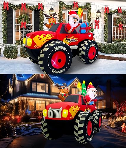 Miniatura 7 de EAONE Decoración inflable de Navidad de 7 pies, Papá Noel inflable y reno en camión monstruo, decoraciones inflables de patio con luz LED para