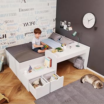 Su & Chan Legence Single Bed with Storage Drawers, 3ft Mid Sleeper Bed with Desk, Kids Bed with Wooden Slats, No Mattress, Space Saving, 90 x 190cm, White