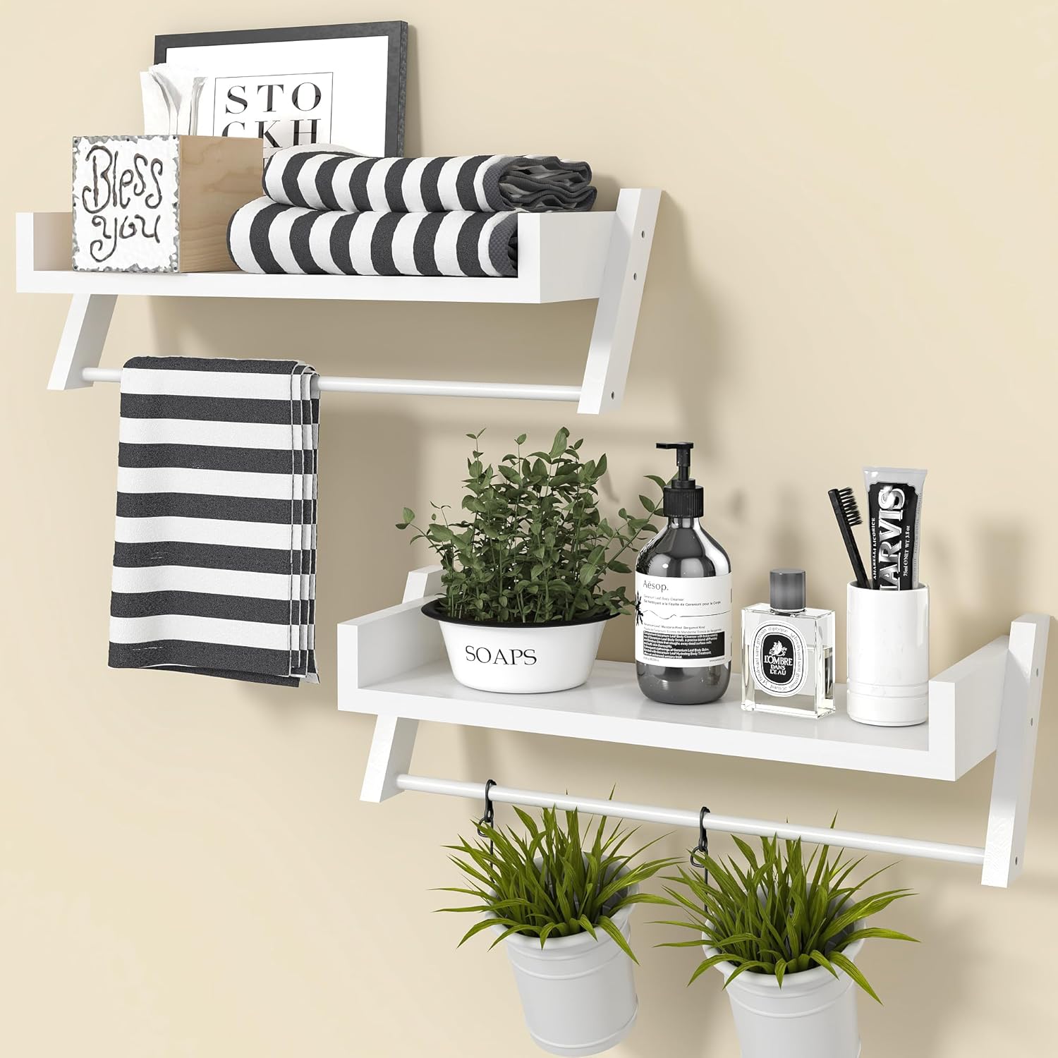 Set of 2 Bathroom Shelves Over Toilet,U-Shaped Hanging Shelves for Wall with Towel Bar,Storage Room Shelves,Farmhouse Wooden Shelf for Bathroom,Kitchen,Living Room,Bedroom (Carbonized Black)