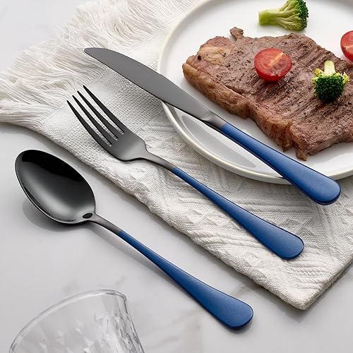 Miniatura 7 de Juego de 20 cubiertos negros de acero inoxidable 180, juego de cubiertos con mango azul zafiro, apto para 4 personas, cuchillos de cena, tenedores,