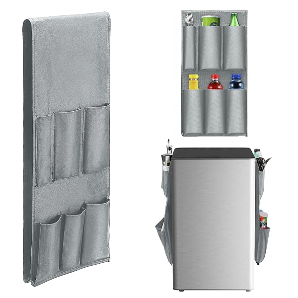FAMNONE Dorm Mini Fridge Organizer, 10 Pockets Top of Fridge Storage Organizer, Flatware Dorm & Office Over the Refrigerator Double Side Caddy Organization Waterproof Storage for Spice Paper (Grey)