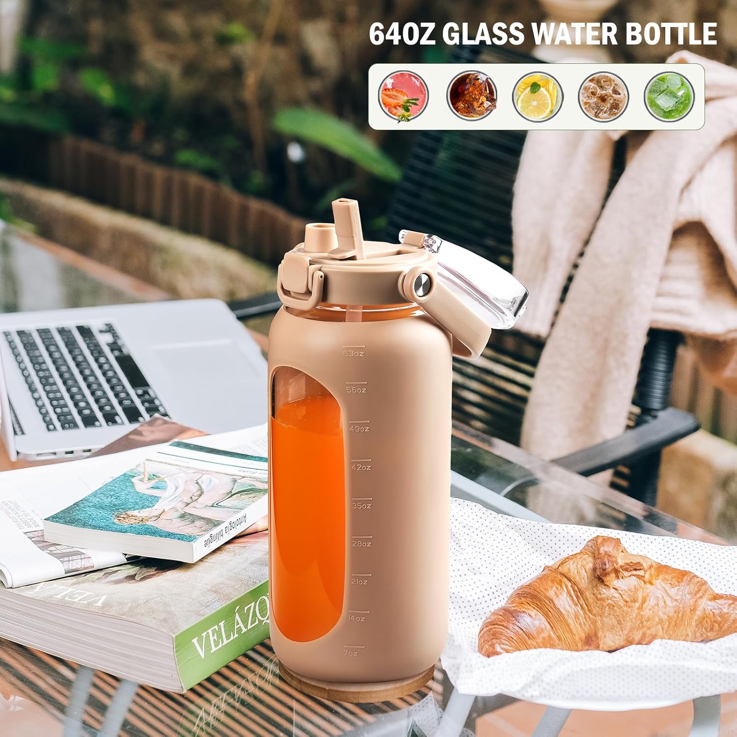 BLUEGO 64oz Glass Water Bottles with Straw Time Marker Half Gallon Large Motivational Water Bottle with Silicone Sleeve 2 Liter Large Glass Water Jug for Gym, Sports& Workout, Daily, Amber - Image 6