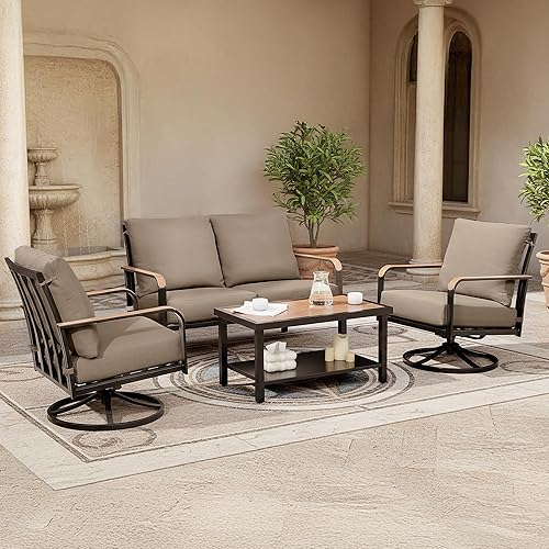 NATURAL EXPRESSIONS Patio Furniture Sets,4 Pieces Metal Outdoor Conversation Sofa Set with High Back Swivel Rocking Chairs with Anti-Scald Armrest,Double-Deck Wooden-Grain Table,6" Cushions for Yard