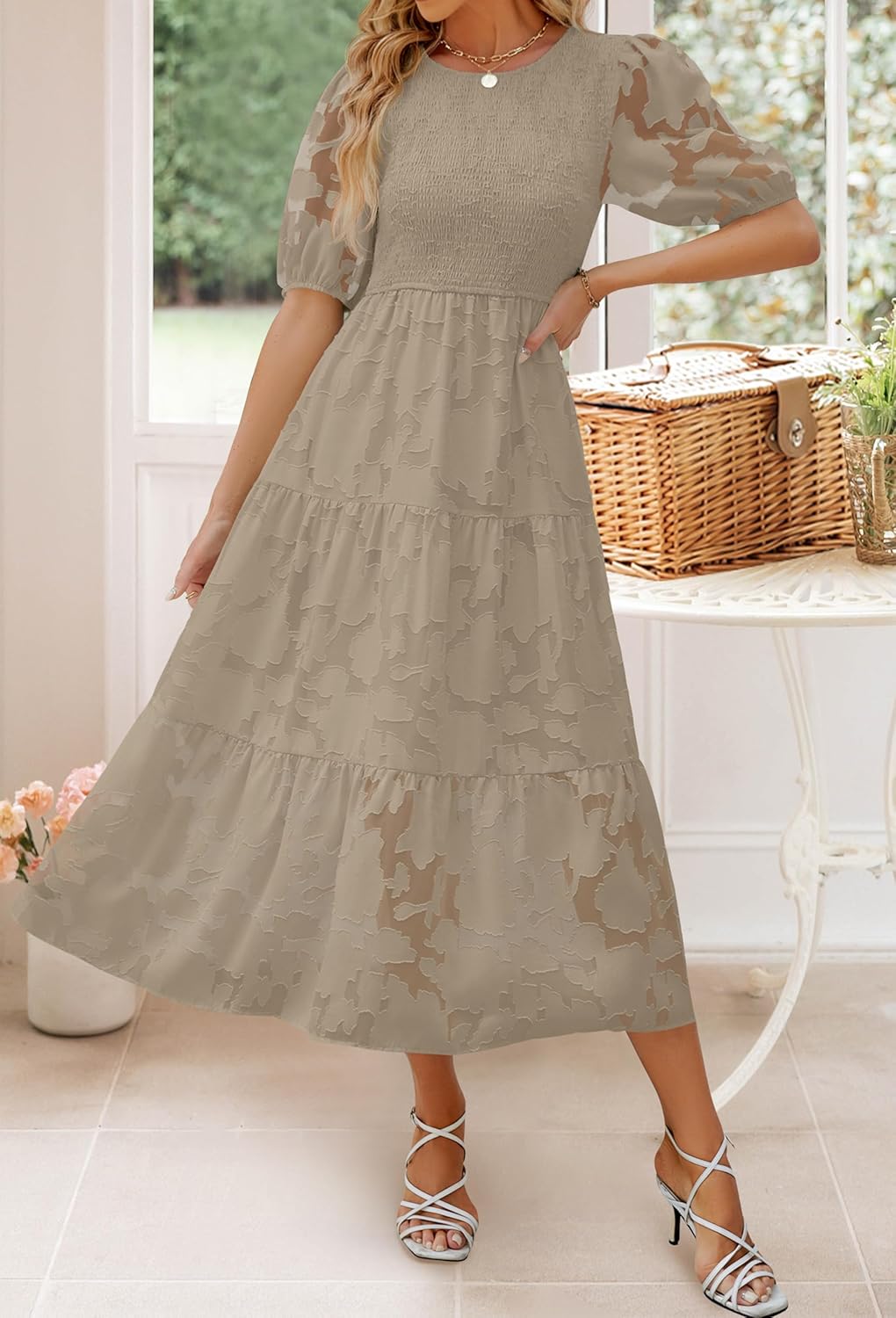 ZESICA Women's 2026 Summer Short Puff Sleeve Crewneck Smocked Floral Lace Flowy A Line Tiered Maxi Dresses - Image 2