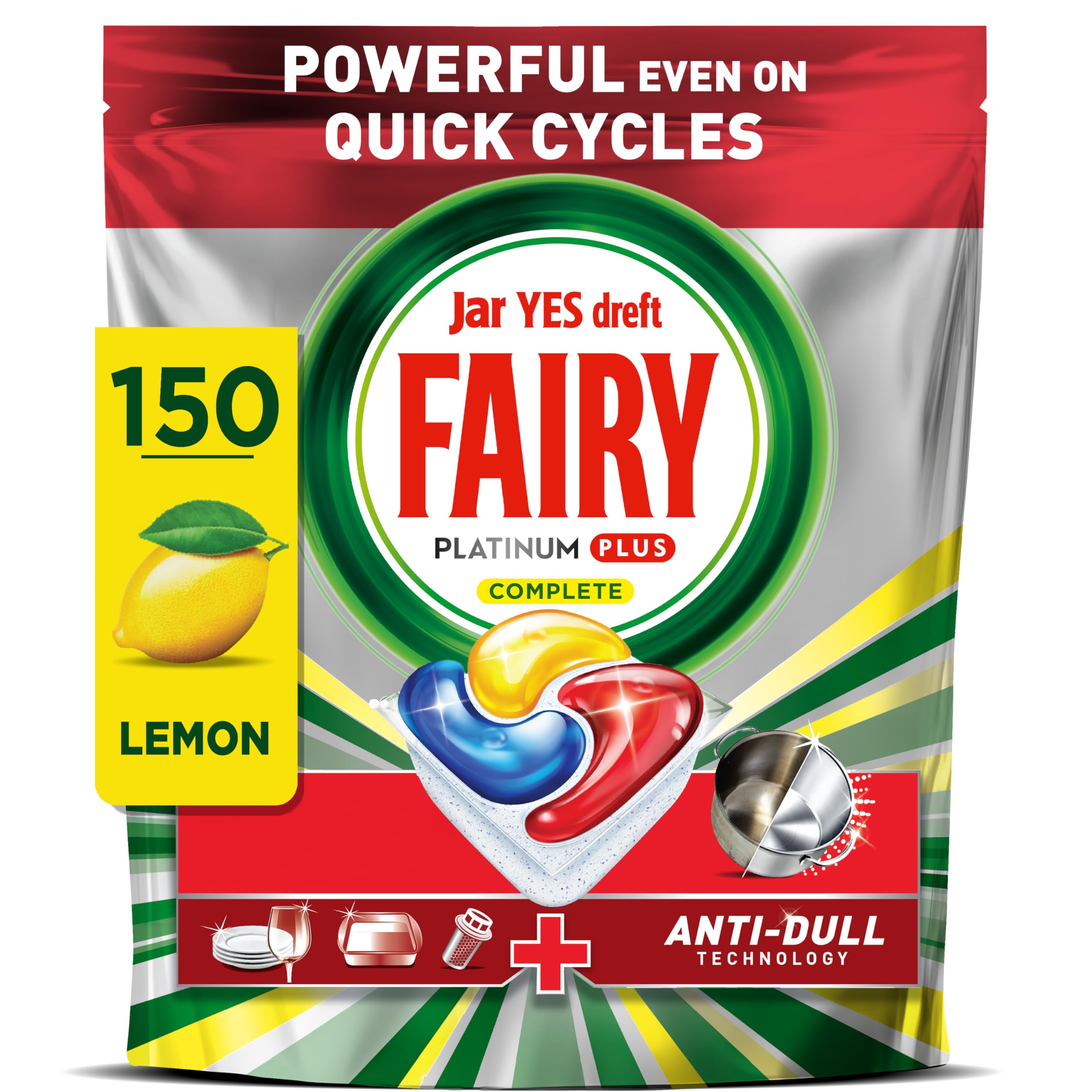 Fairy Platinum Plus Dishwasher Tablets Lemon, 150 Capsules, Impeccable Clean Even in Quick Cycles Without Pre-Wash, Anti-Dull Technology, Super Shine Function, Filter Clean
