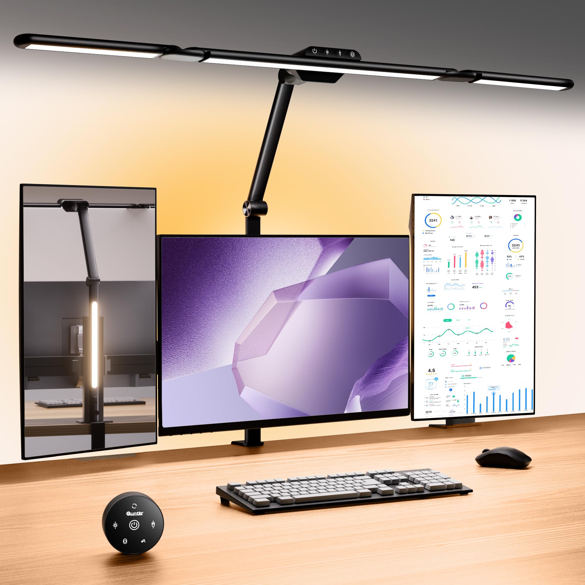 Quntis LED Desk Lamp with Radar Sensor 82.5cm, Remote & Touch Control & Warm White Backlight Eye-Caring Desk Light, Stepless Dimming & Timer, Screen Light Monitor Lamp for Office,Study, Crafts, Draw
