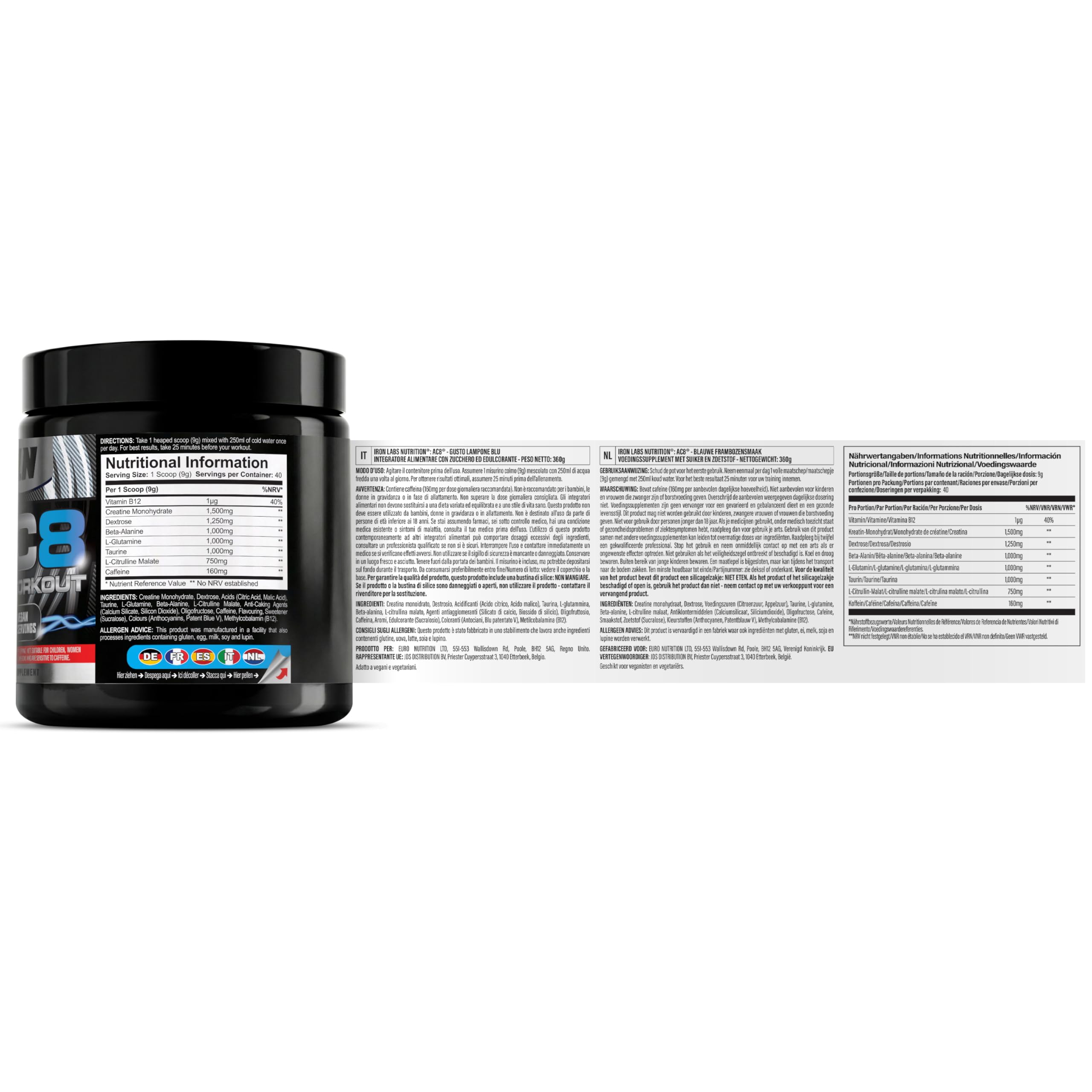 AC8 Pre Workout Blue Raspberry 360 g - preworkout potente con creatina, caffeina e vitamina B12 - fino a 6.660 mg per porzione - per uomini e donne