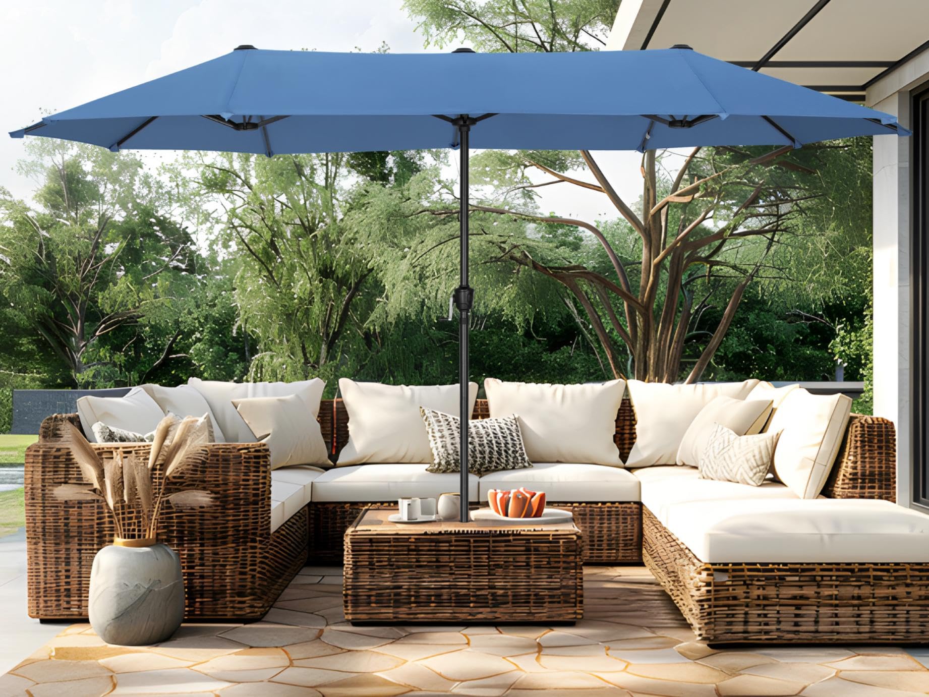 cantilever hanging patio solid umbrella Grand 11FT Round with Base, Champagne High-Power E-bike 9ft Hula Thatched Tiki Color:British Tan dyed fabric canopy Crank