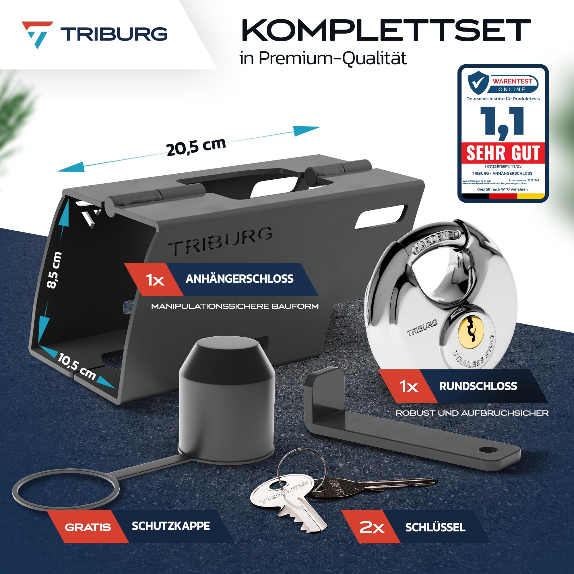 TRIBURG Anhängerschloss inkl. Rundschloss [Versicherungskonform] - Robuste Sicherung für an- und abgekuppelten Anhänger - Deichselschloss [Verzinkt I Pulverbeschichtet] + GRATIS AHK Schutzkappe