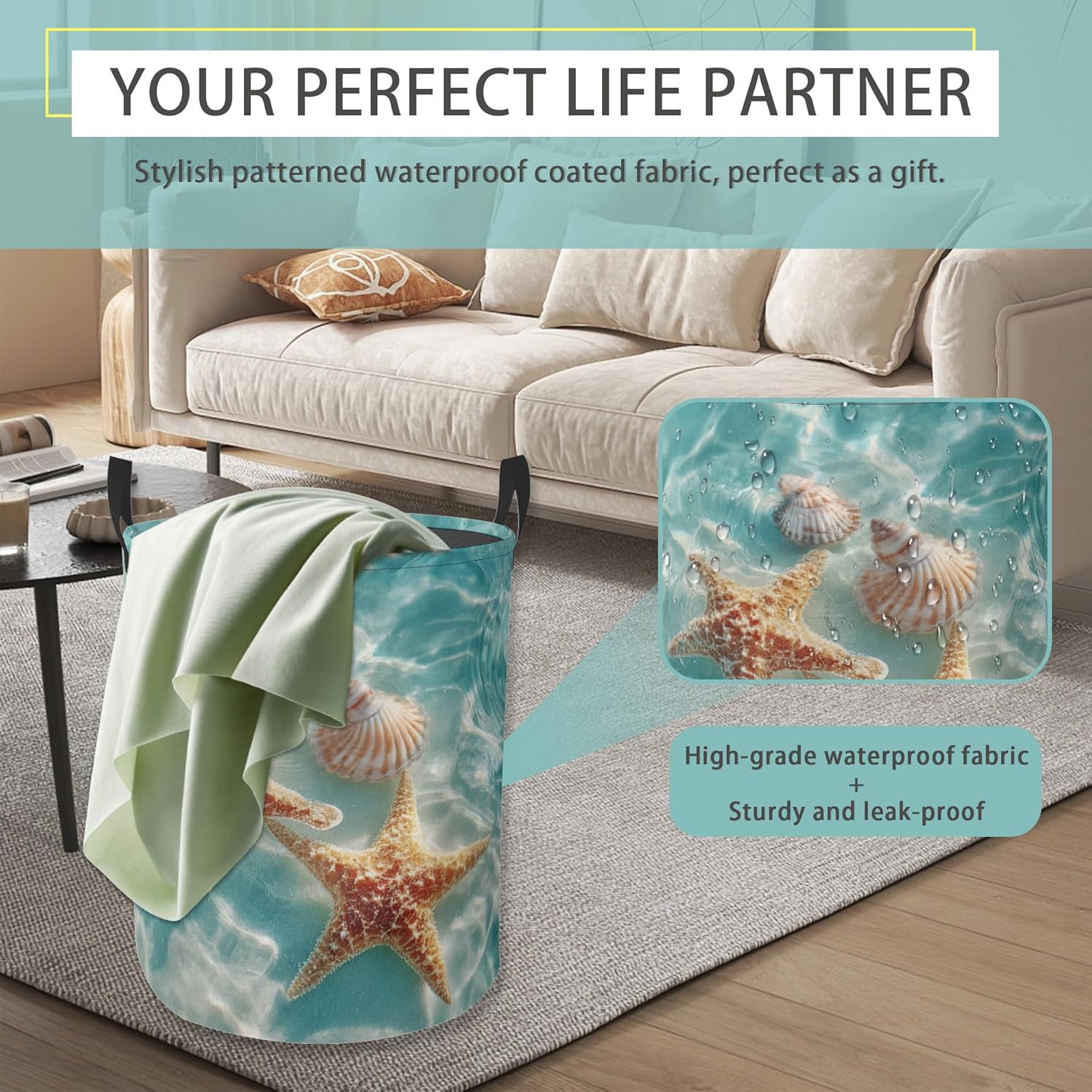 Laundry Hamper Foldable Oxford Cloth Starfish Beach Shells Laundry Basket With Handle Portable Clothes Storage Organizer Basket Storage Bag For Laundry Room/Bedroom/Bathroom