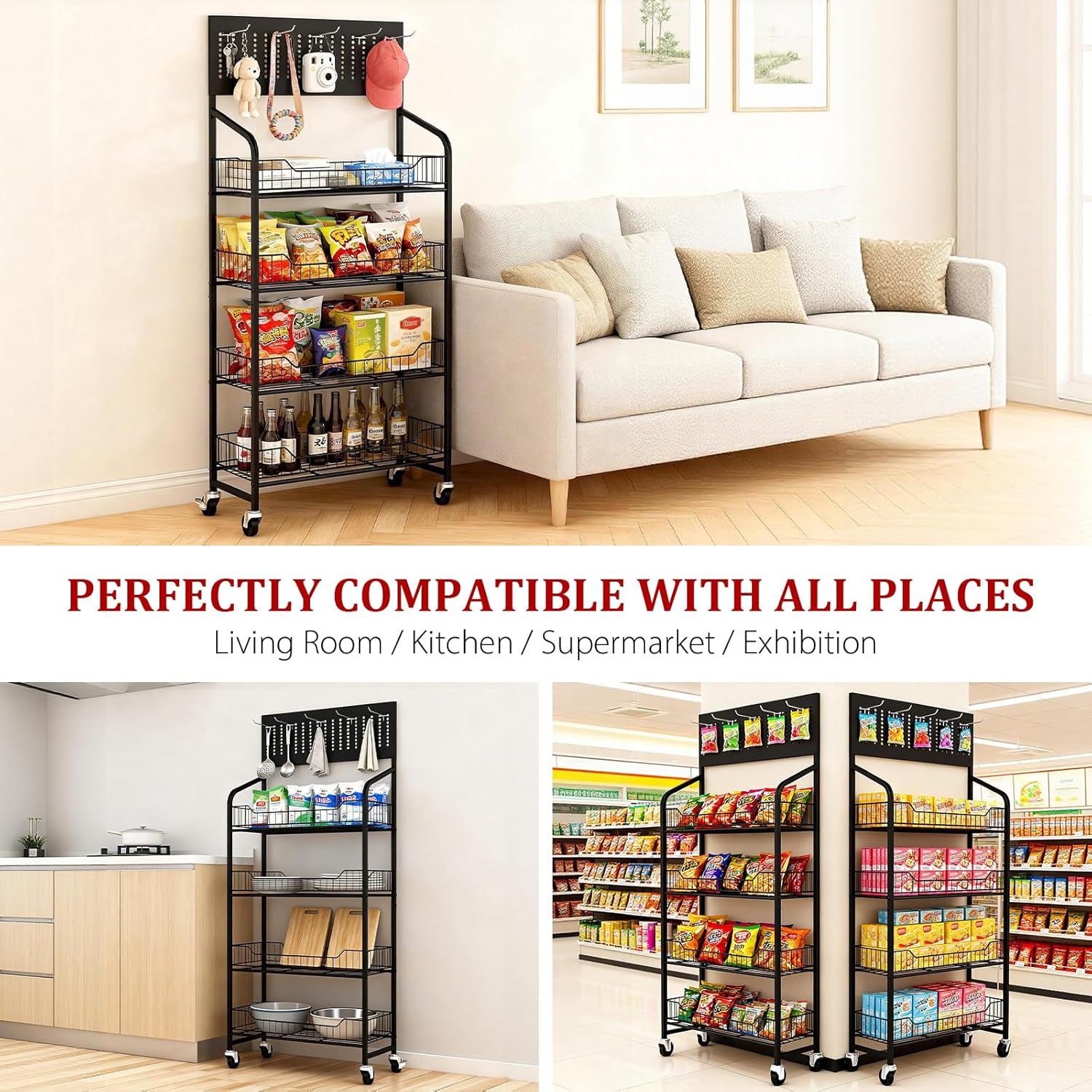 4 Tier Retail Display Rack with Wheels, Snack Organizer Stand, Candy Potato Chip Metal Retail Display Shelf with 12 Hooks for Supermarket and Home KitchenStore Organize, Black (4T 55H*23.8W*10.35D)