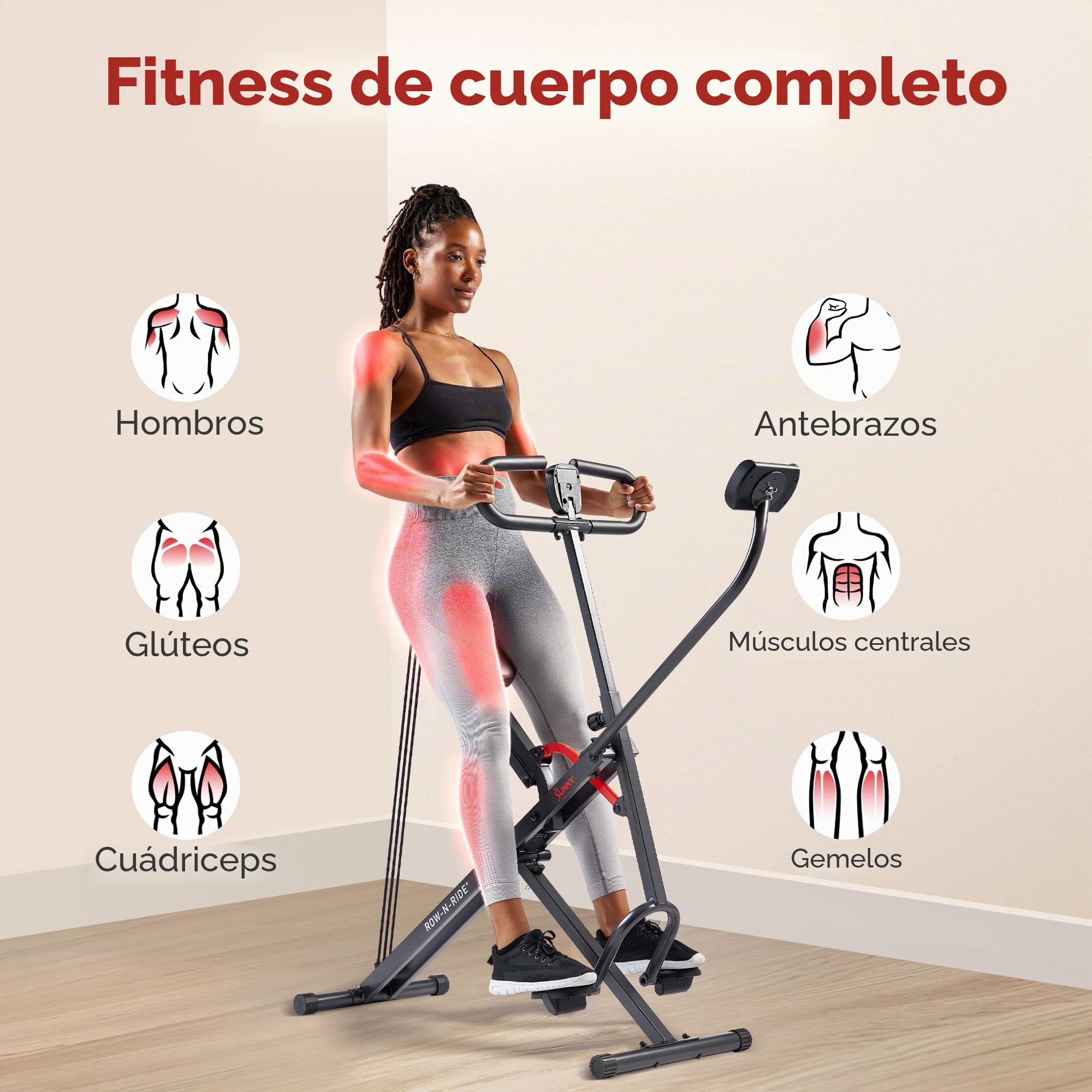 Sunny Health & Fitness Smart Row-N-Ride Squat Machine Entrenador Plegable, Entrenamiento Completo para Glúteos, Cuádriceps y Core, Bandas de Resistencia Ajustables, Bluetooth y App SunnyFit Gratuita