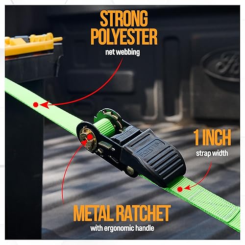 Miniatura 2 de Correas de trinquete FORTEM, juego de correas de amarre con fuerza de rotura de 748 kg, paquete de 4 de 4.5 m x 2.5 cm, 4 bucles suaves, correas