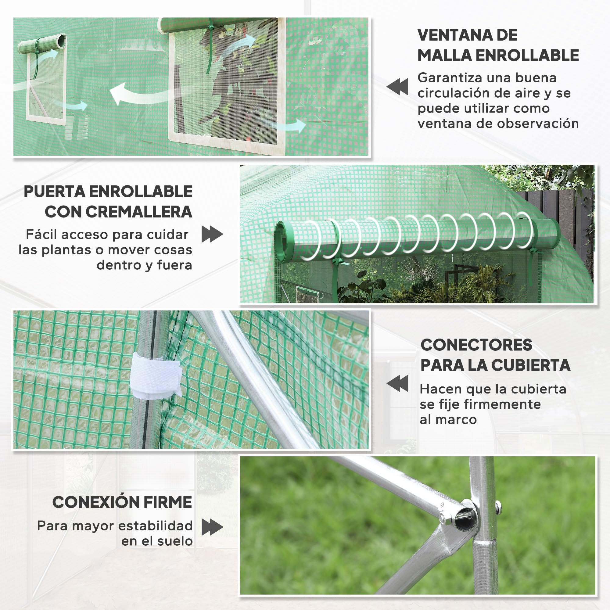 Outsunny Invernadero de Jardín 4x2x2 m Invernadero de Túnel con 6 Ventanas Transpirables y Puerta Enrollable con Cremallera Huerto para Cultivo Plantas Verduras Verde