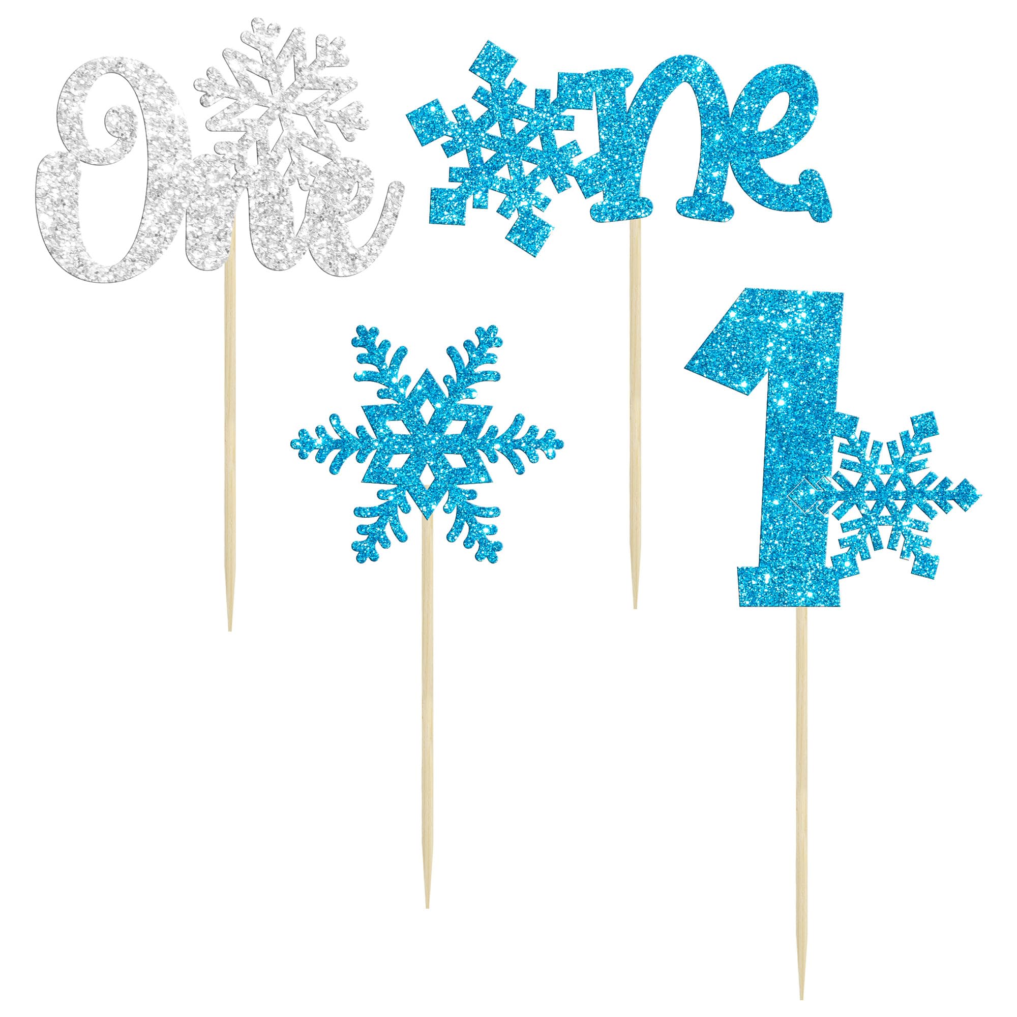 Gyufise Cupcake-Topper Schneeflocken – 24 Stück, Blau-silber Glitzernd, Für Winterparty, 1. Geburtstag, Babyshower