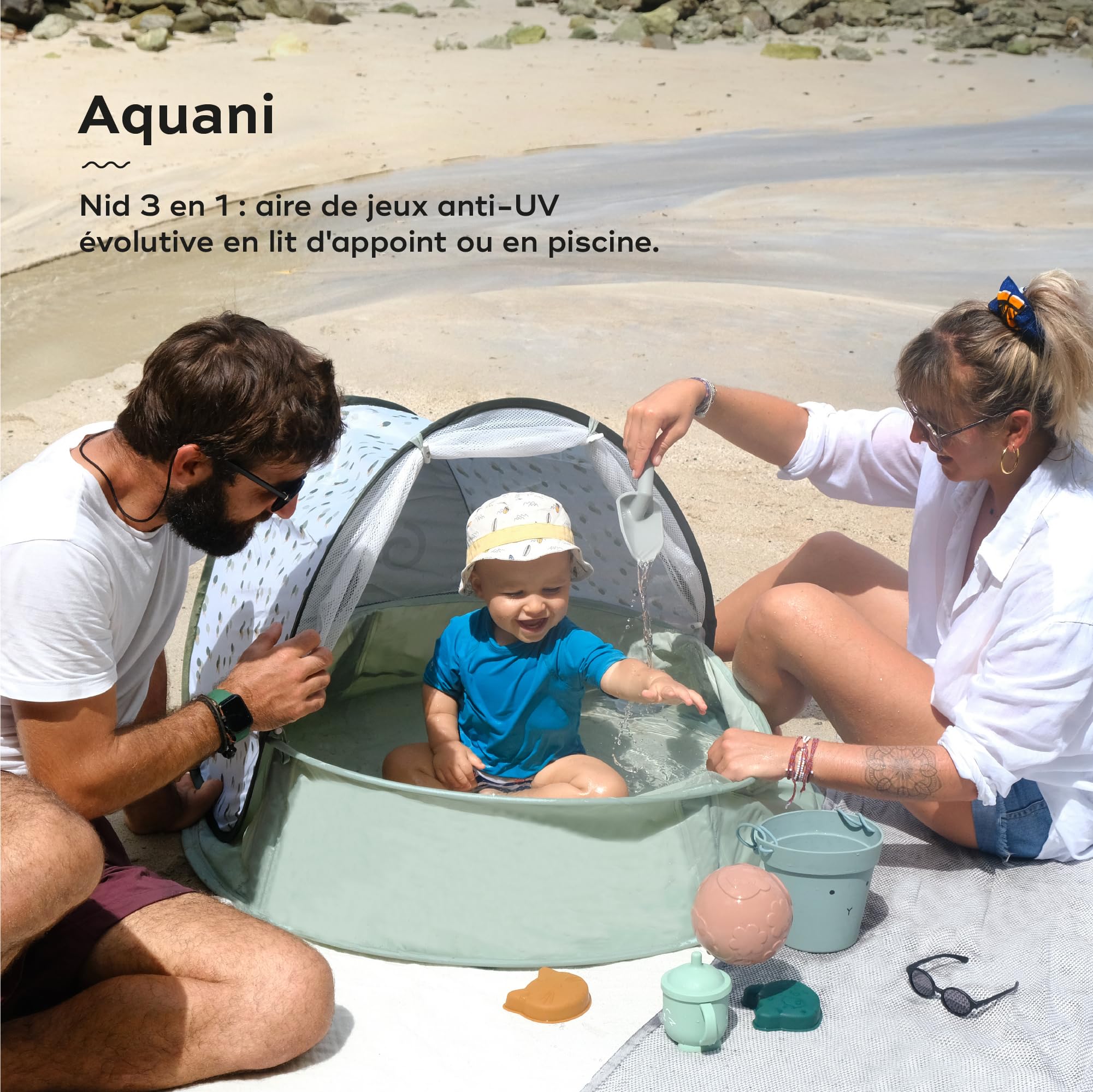 Babymoov Aquani Provence, 3 en 1 Aire de Jeux, Piscine et Tente Anti-UV FPS 50+ pour bébé, Moustiquaire et Auvent rabattables, Matelas d'éveil & Jouets Inclus, Dès la naissance