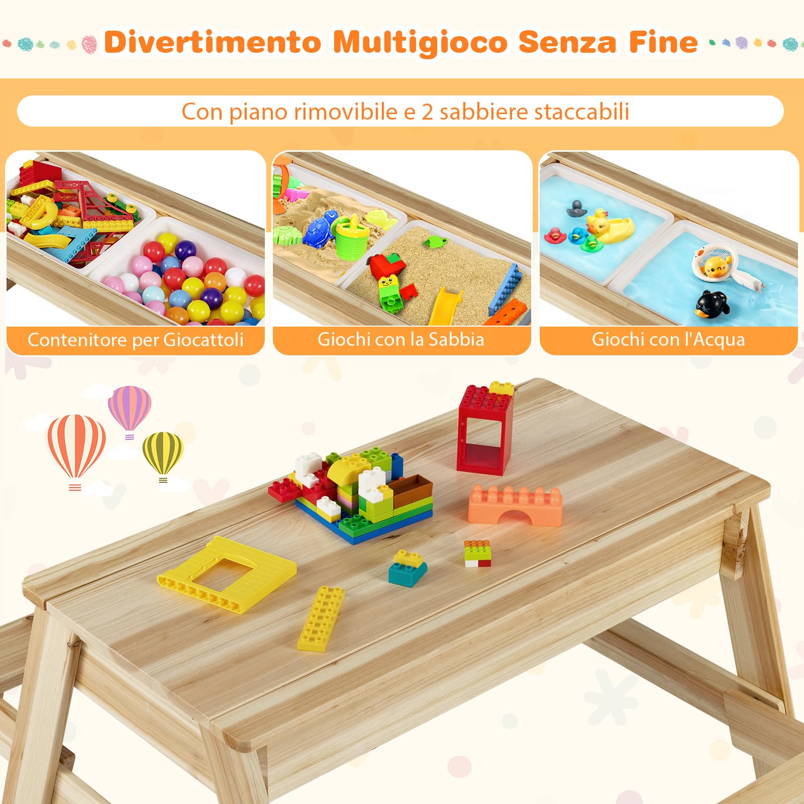 COSTWAY Tavolo da Picnic per Bambini 4 in 1 in Legno con Piano Rimovibile | Set Tavolo e Panca con 2 Scatole Contenitive, Tavolo Attività per Bambini, Mobili da Esterno per Giardino, Cortile e Patio