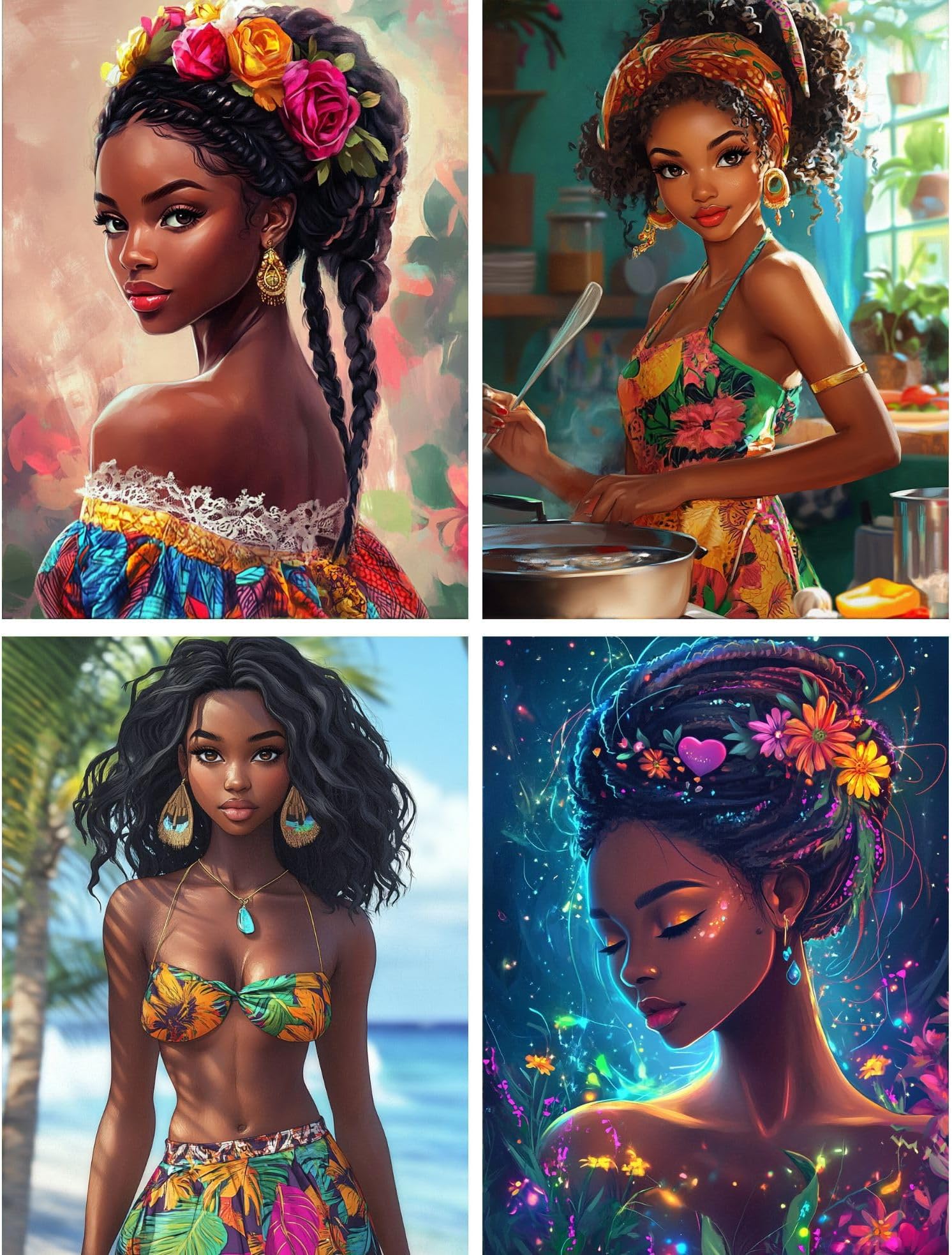 4 Pack 5D Diamond Art Kits for Adults - DIY African Diamond Painting Kits, Full Round Drill - Crystal Embroidery Cross Stitch Craft for Wall Decor Christmas Gifts - 12x16 Inch A119