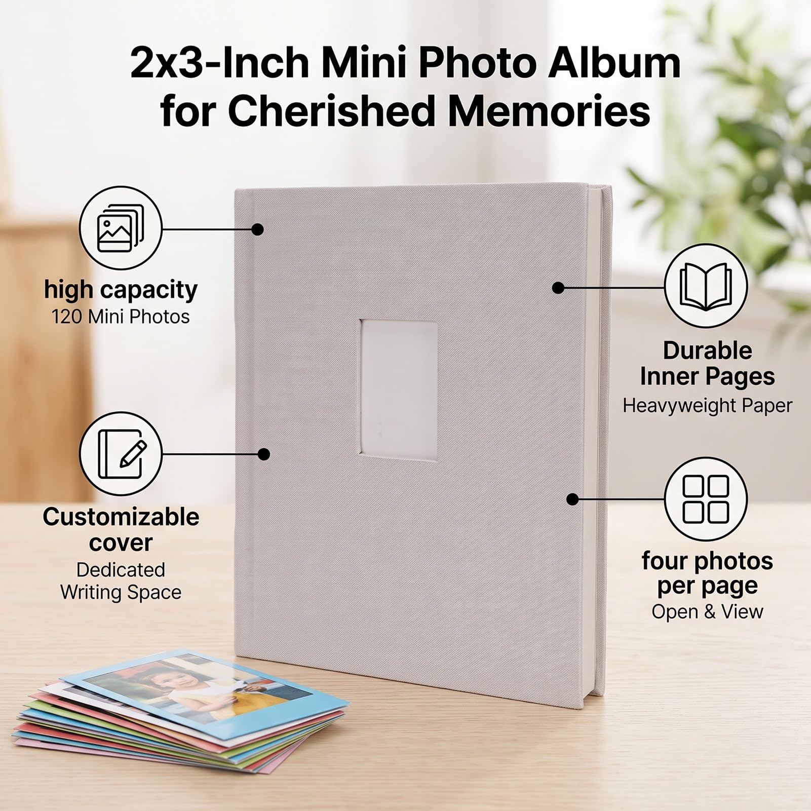 banapoy Álbum Fotos 120 Bolsillos Apto para Mini 2x3 Pulgadas (Beige) | Mini álbum almacenamiento imágenes con espacio escritura para colección libros memoria DIY boda, a prueba polvo