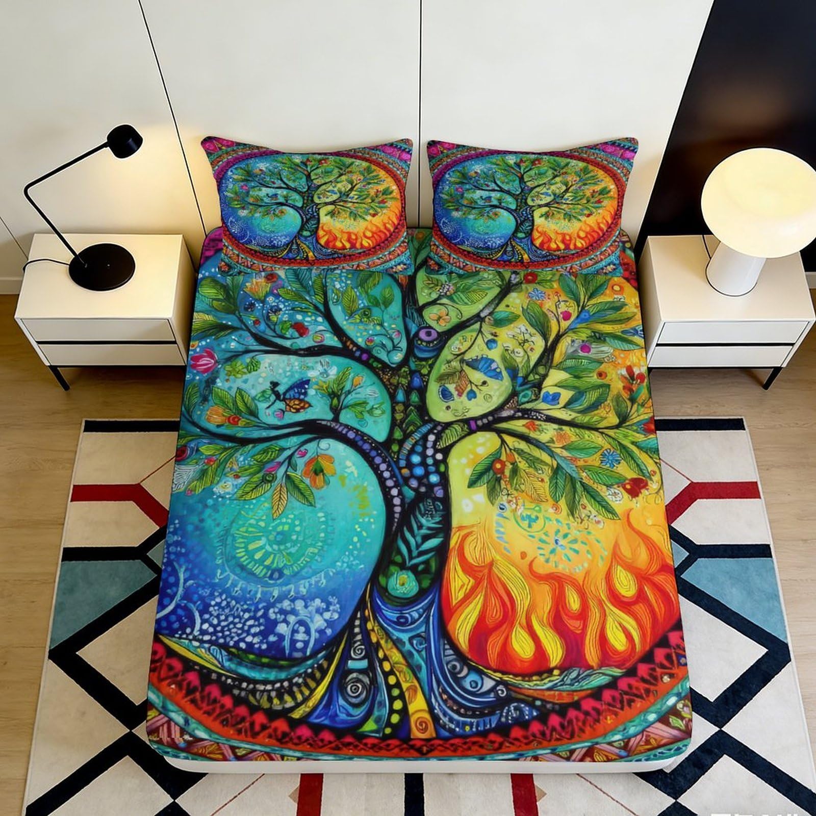 3D Printed Tree of Life Fitted Sheet Microfiber Breathable Deep Pocket All Season Tree Mattress Fitted Cover Bedroom Bedding for Adults Teens 140x200x25cm