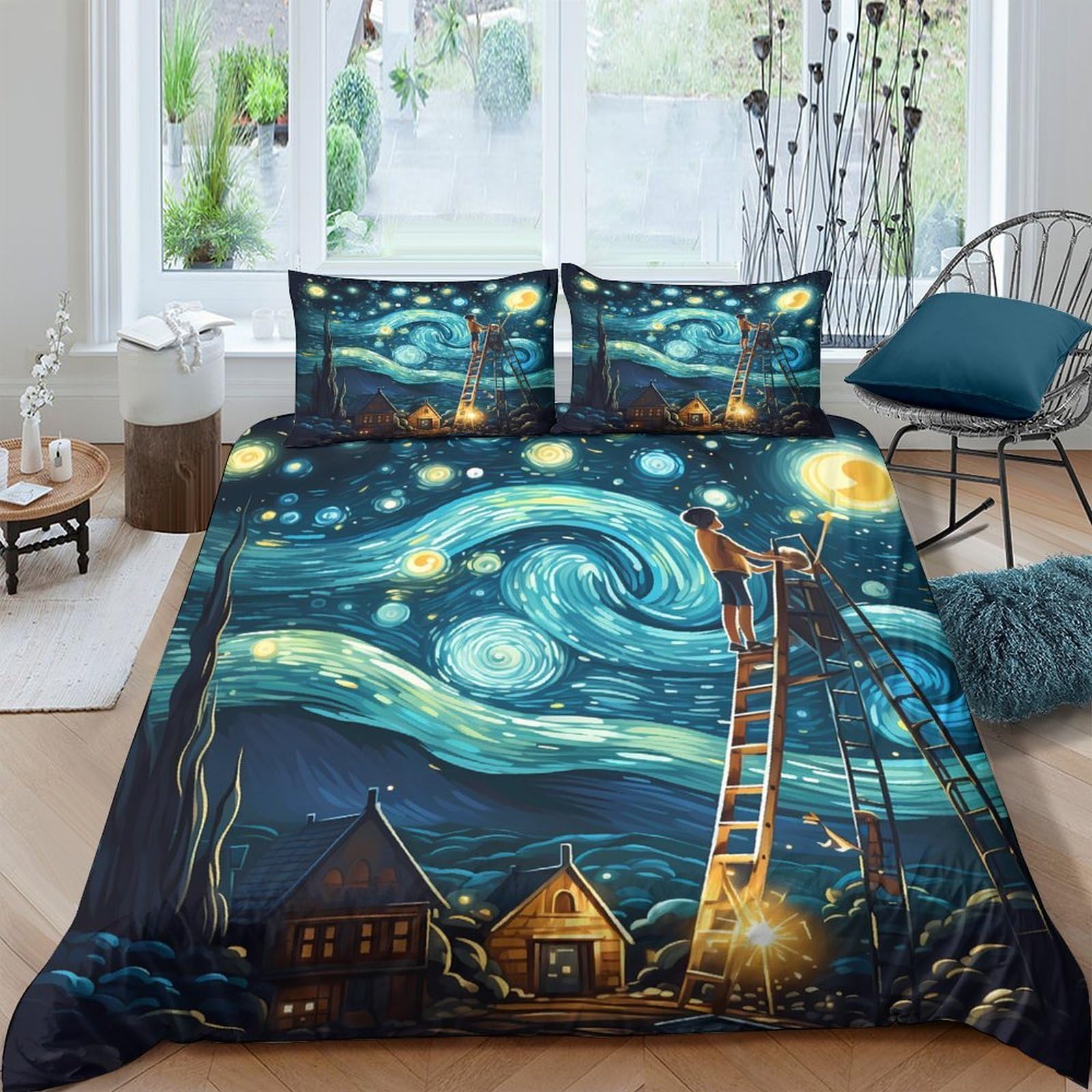 Ctjqhvkz Style-2 3D Printed Starry Night Sky Fitted Sheet Microfiber Soft Artistic Village Scene Bed Cover Bedroom Mattress Decor Single（135X200cm）