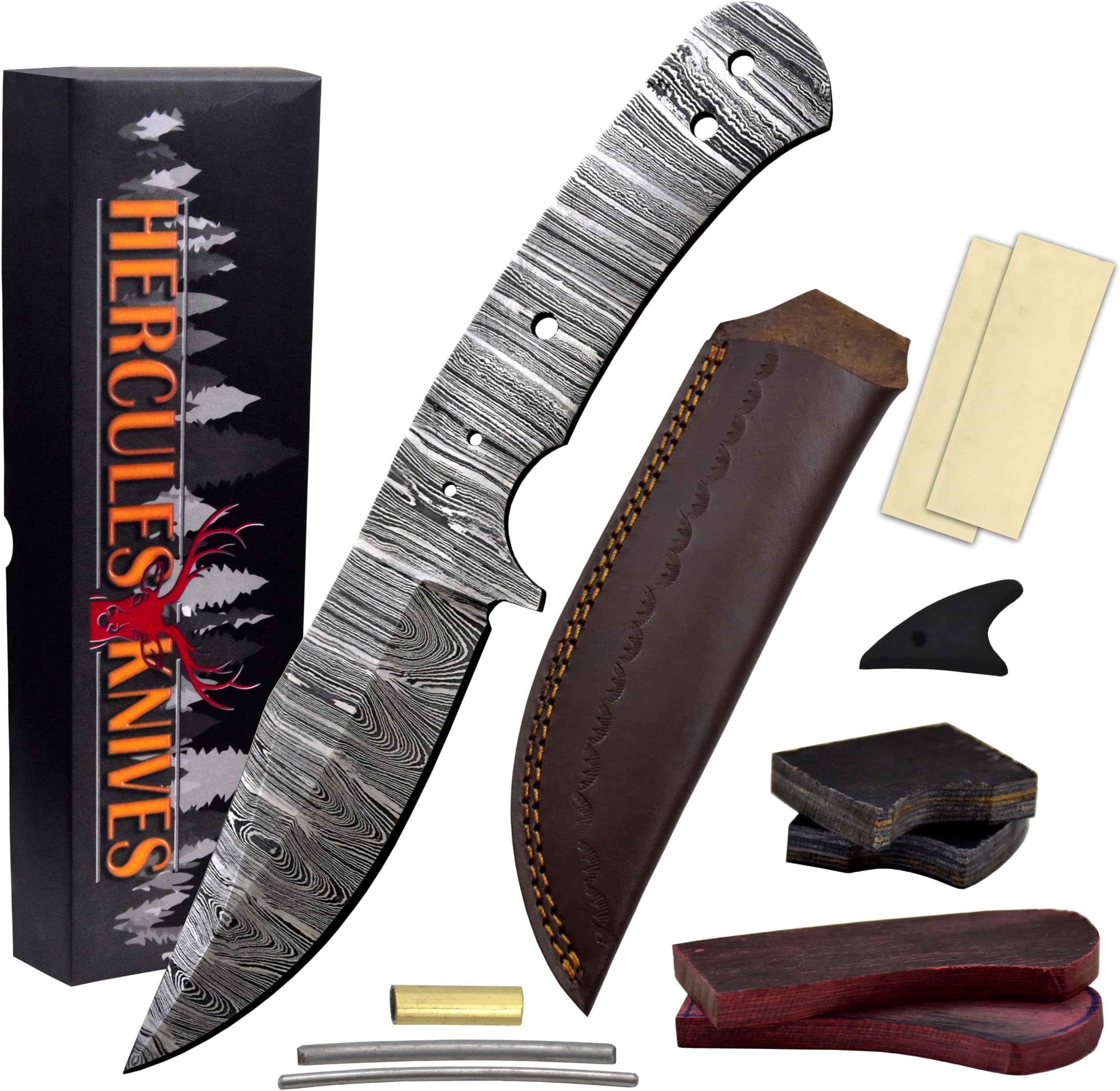 Custom Hand Forged Damascus Steel Blank Blade Knife Making Kit, Leather sheath, Pin, Scale, DIY Hunting, Camping Blade Damascus Blade Billet Knife Making Supply (BK-B)