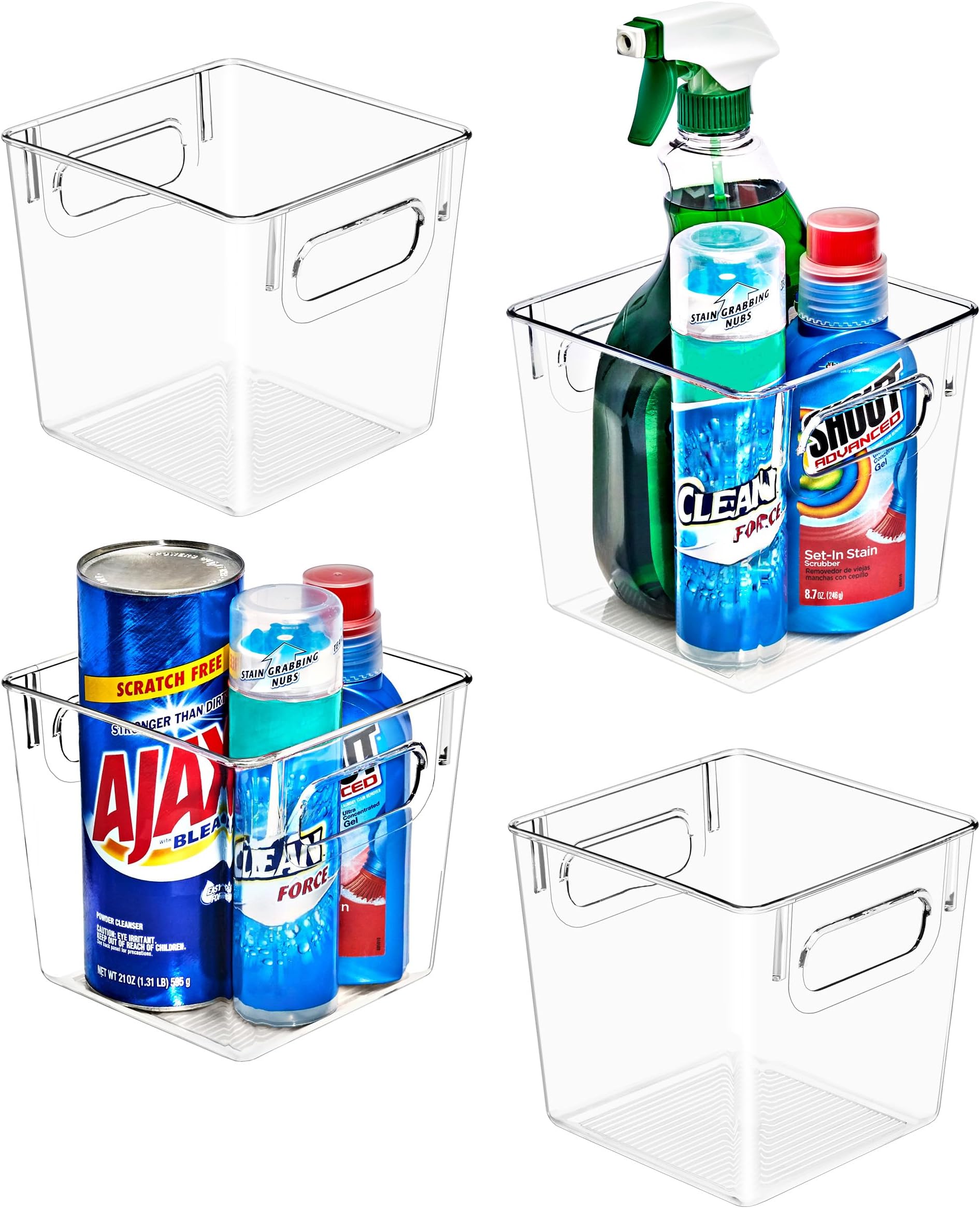 4 Pack Small Clear Plastic Storage Bins, Clear Organizer Bins with Handle for Kitchen, Pantry, Cabinet, Refrigerator, Craft, Toys, Clothes, Closet, Under Sink, Bathroom Organizers and Storage