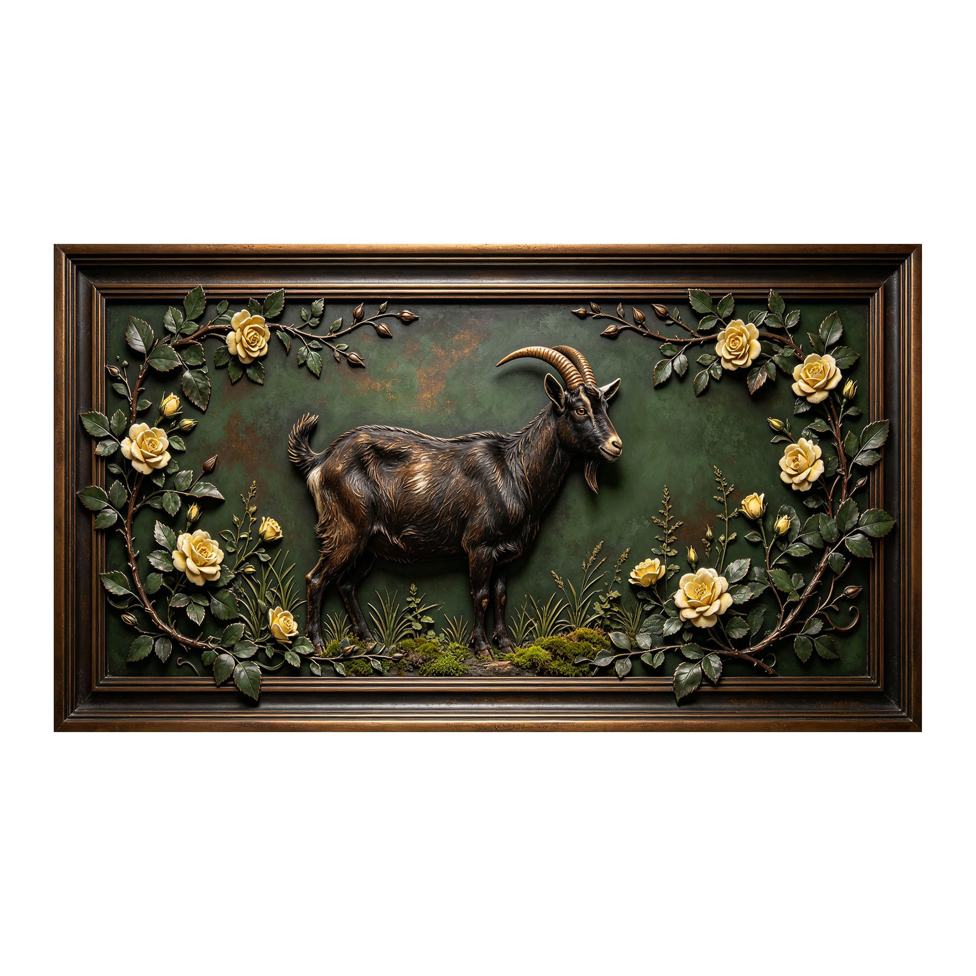 Yzpallescene 3D 3D Framed Wall Art 50cm×90cm Rustic Goat Floral Botanical Relief Effect Large Size SelfAdhesive Removable Wall Decor Prints Artwork for Living Room Bedroom Office